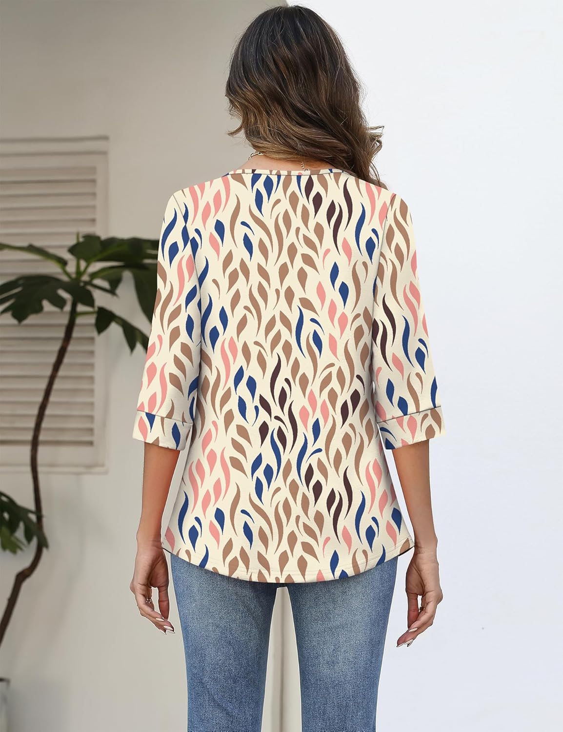 Rapbin 3/4 Length Sleeve Tops Crew Neck Casual Basic Pleated Blouses 2026 Trendy - Image 4