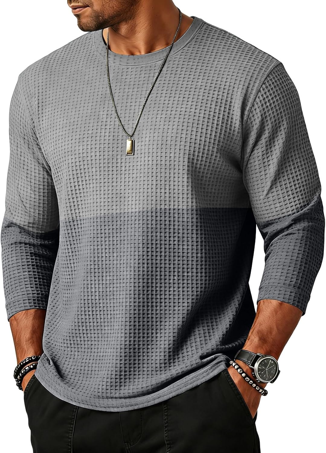 WENKOMG1 Men's Block Waffle Knit Shirt 3/4 Sleeve Crew Neck Casual Soft Workout Athletic Classic Fitted Tee Shirt, S-3XL
