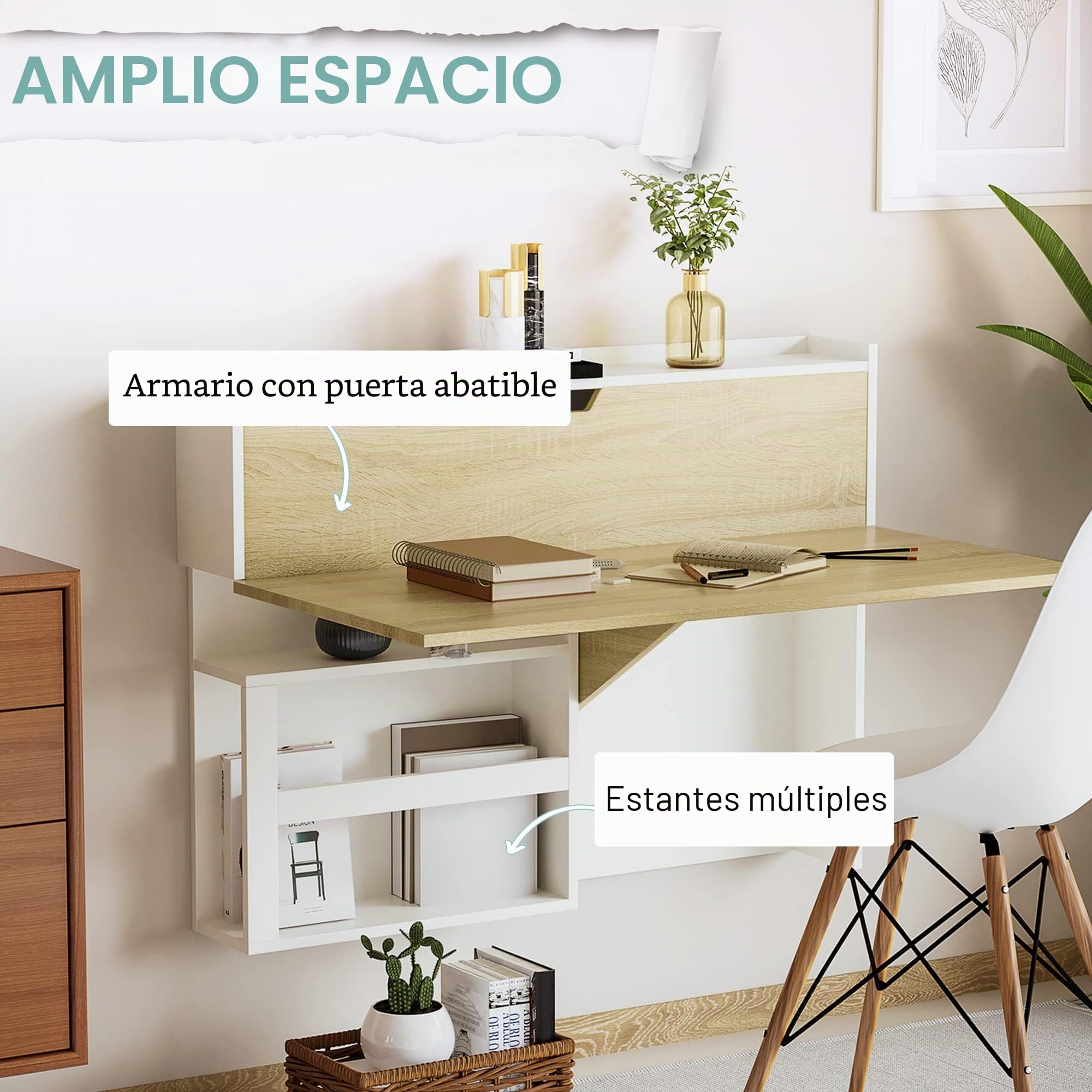 HOMCOM Escritorio Plegable de Pared con estantes Efecto Madera Natural