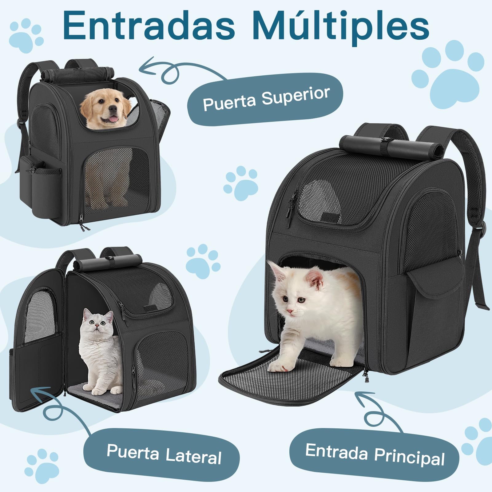 Mochila para Gatos Perros, Mochila Transportin Gato Perro 10kg, Ventanas de Malla Transpirable Bolso para Perros Pequeños Gatos Mascotas con Correa de Seguridad y Alfombra para Mascotas - Negro