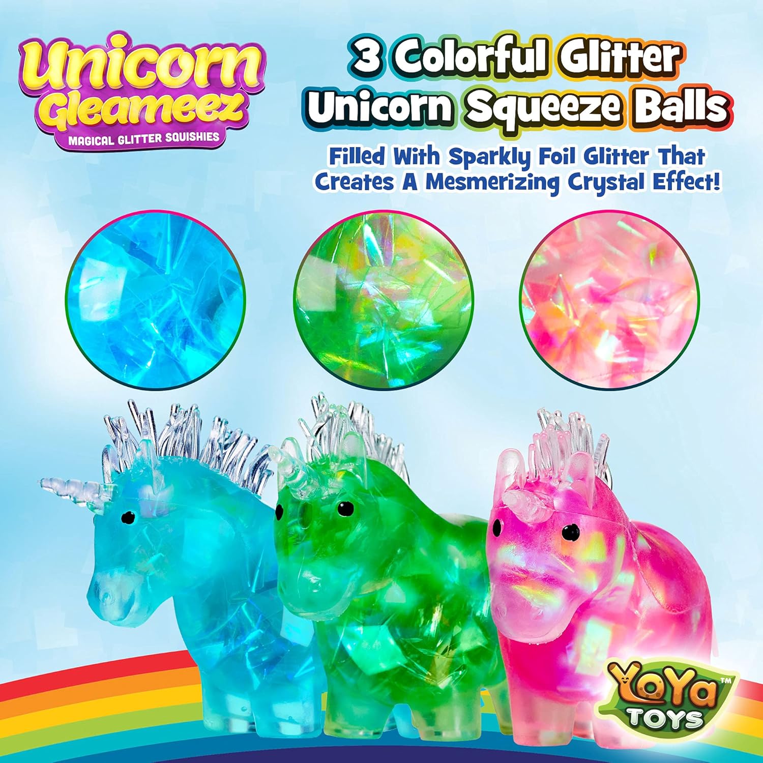 YoYa Toys Glitter Unicorn DNA Balls - Fidget Toy Stress Ball - Colorful Soft Squishy - Mental Stimulation, Clarity & Focus Tool - Fun for Any Age - 3 Pack