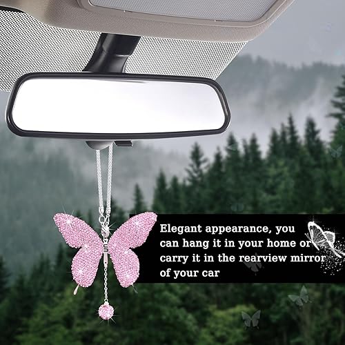 Miniatura 4 de Accesorios de automóvil con diseño de mariposa brillante para mujer, colgante de adorno de espejo retrovisor de automóvil de diamante, regalo del