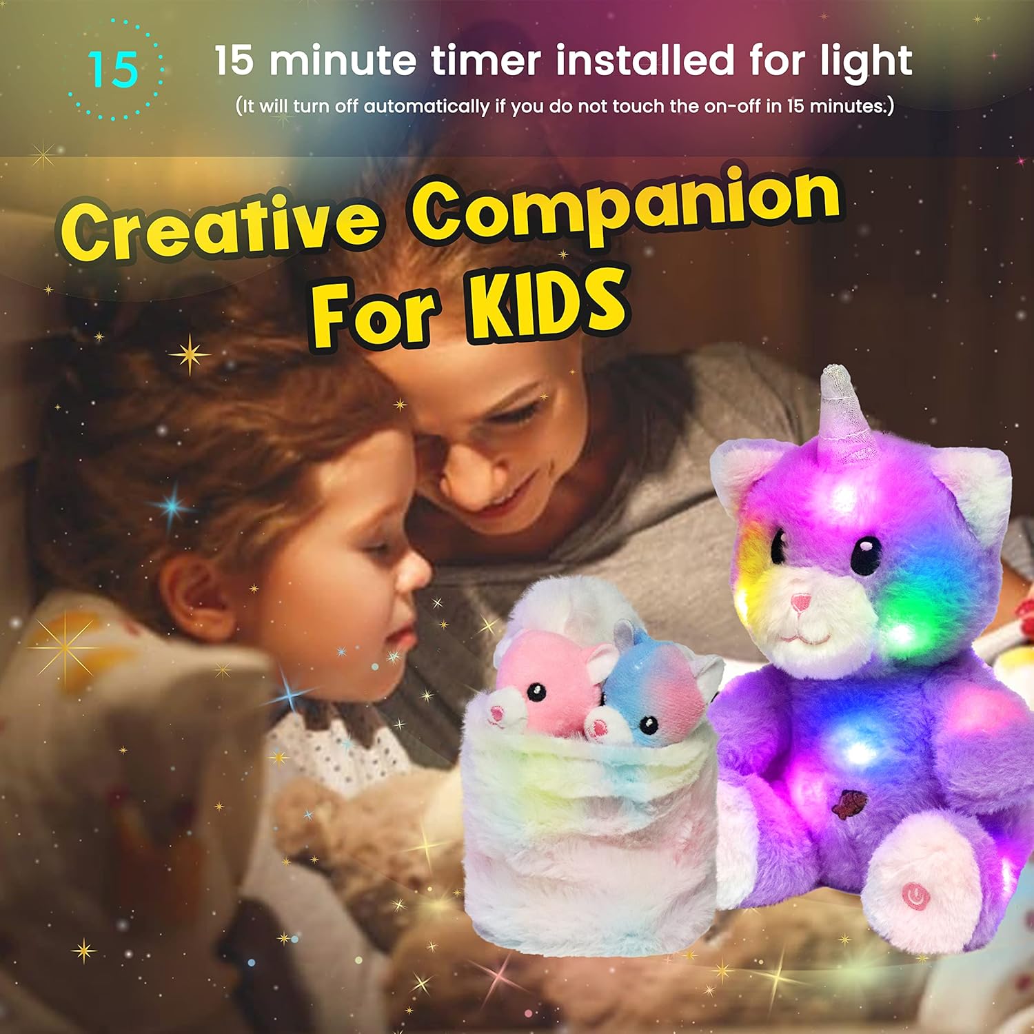 Hopearl LED Plush Cat with Removable Bucket Lighting Up Stuffed Mommy Cat with 3 Baby Kittens in The Basket Floppy Stuffed Animal Playset Night Lights Glow in The Dark Birthday Gifts for Kids, 12''