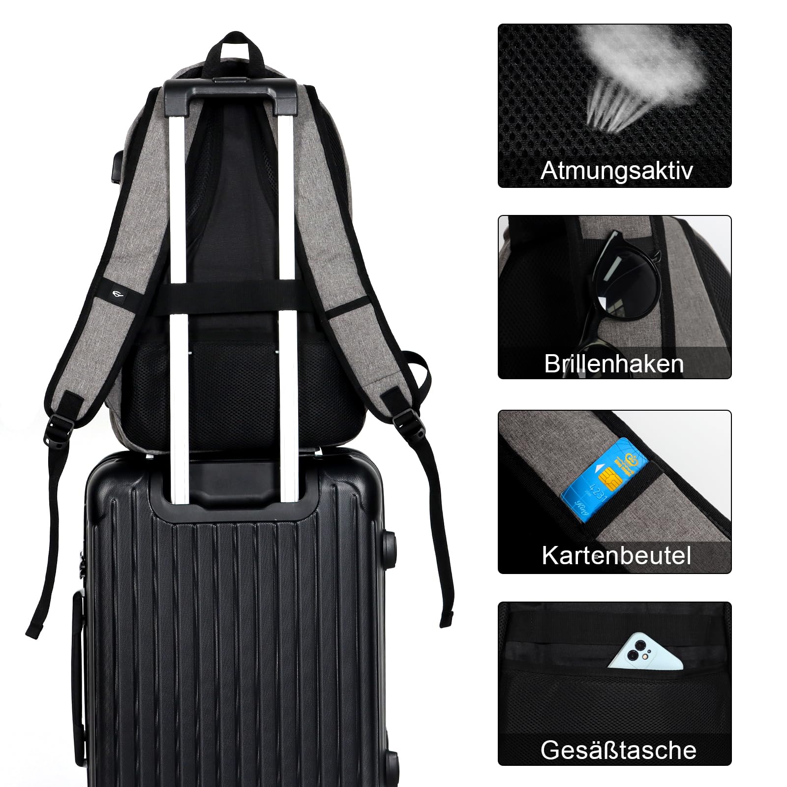 MoFut Zaino da uomo e donna, zaino da viaggio, borsa per la scuola, molti scomparti con scomparto per laptop da 15,6", bagaglio a mano, zaino per studenti, impiegati, viaggi, escursionismo, grigio