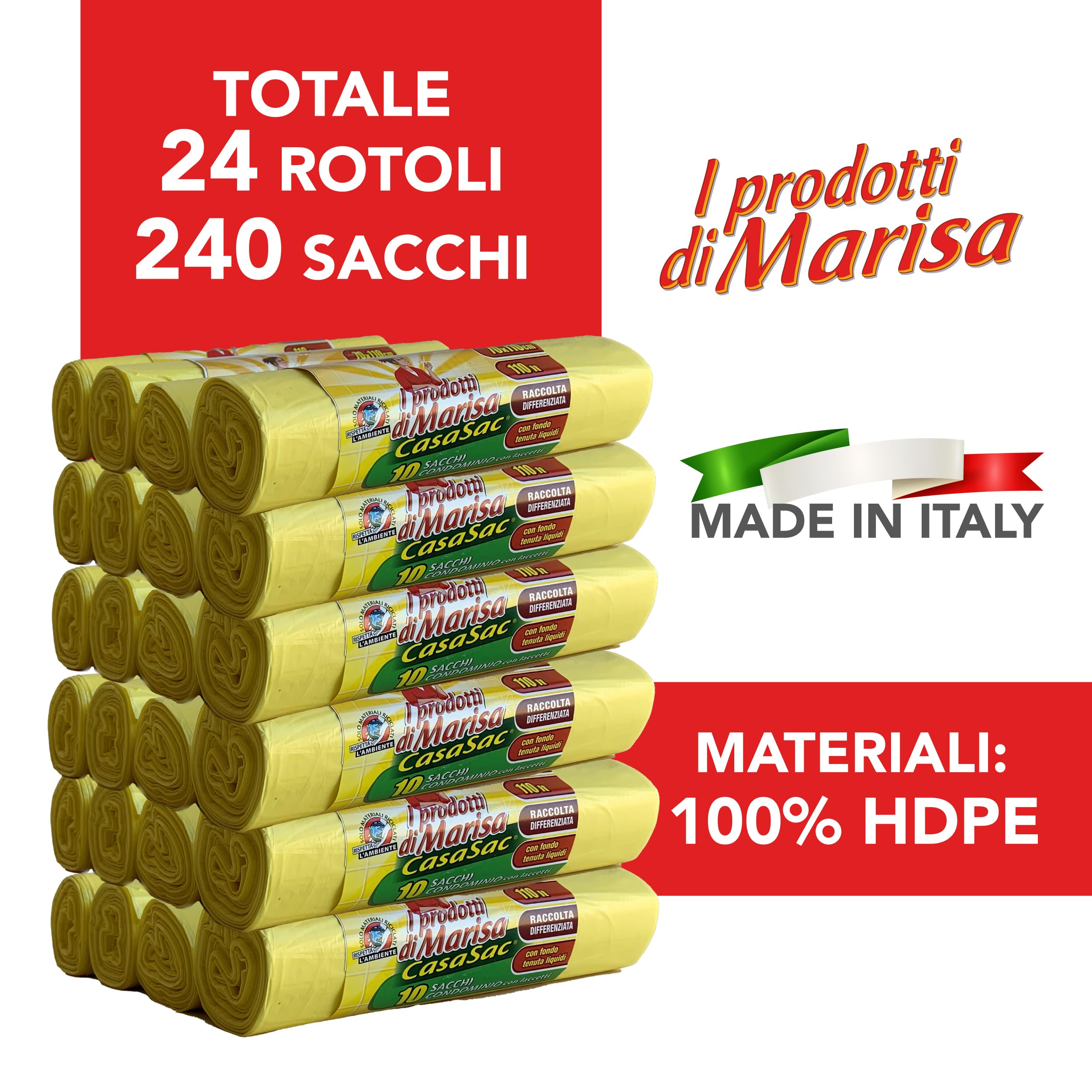 CSC – Bolsas de basura de 110 l con lazos, 240 unidades, grandes para reciclaje exterior e interior, 70 x 110 cm, antiagujeros – 24 rollos, amarillo