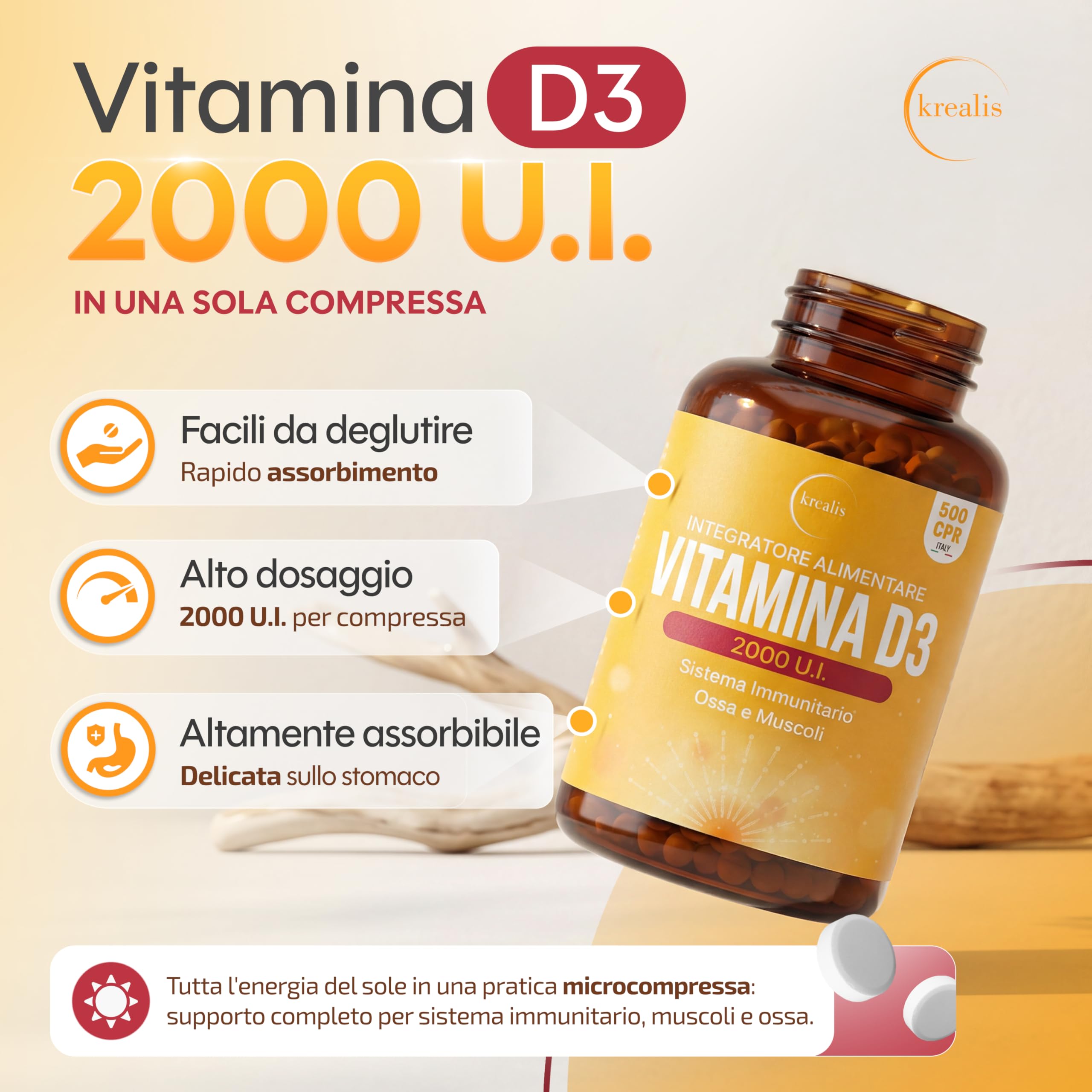 PREZZOLANCIO Vitamina D3 2000 UI – MAXI Formato 500 Micro-Compresse, Integratore di Vitamina D Colecalciferolo Pura Alto Dosaggio, Supporto per il Sistema Immunitario, Ossa e Muscoli,Facile da Assumer