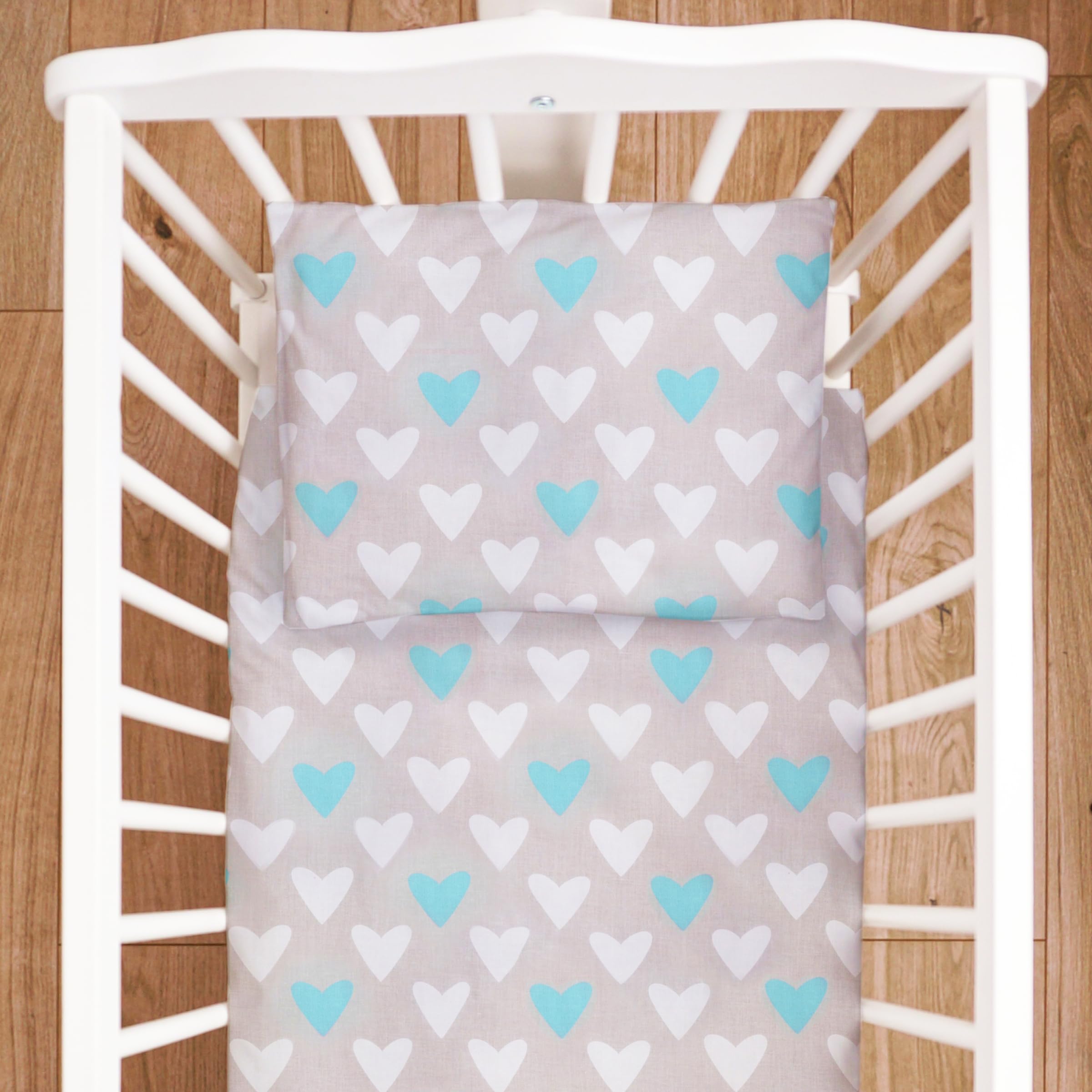 Baby Comfort 4 Piece Duvet Pillow Duvet Cover Pillowcase 80x70 cm Bedding Set 12M+ (Blue Hearts)