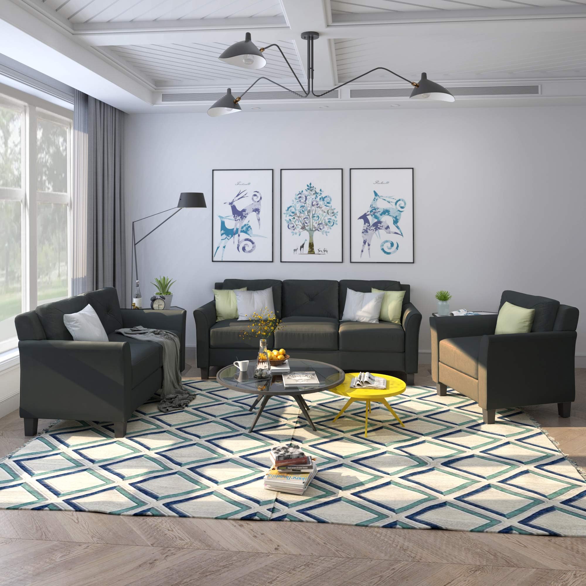 3 Piece Chair Loveseat Sofa Set, Harper & Bright Designs Living Room 3 Piece Sofa Couch Set, 3 Seats Loveseat Single Chair Sectional Sofa Set Ship from USA Warehouse, Arrive in 3 Days (Black)