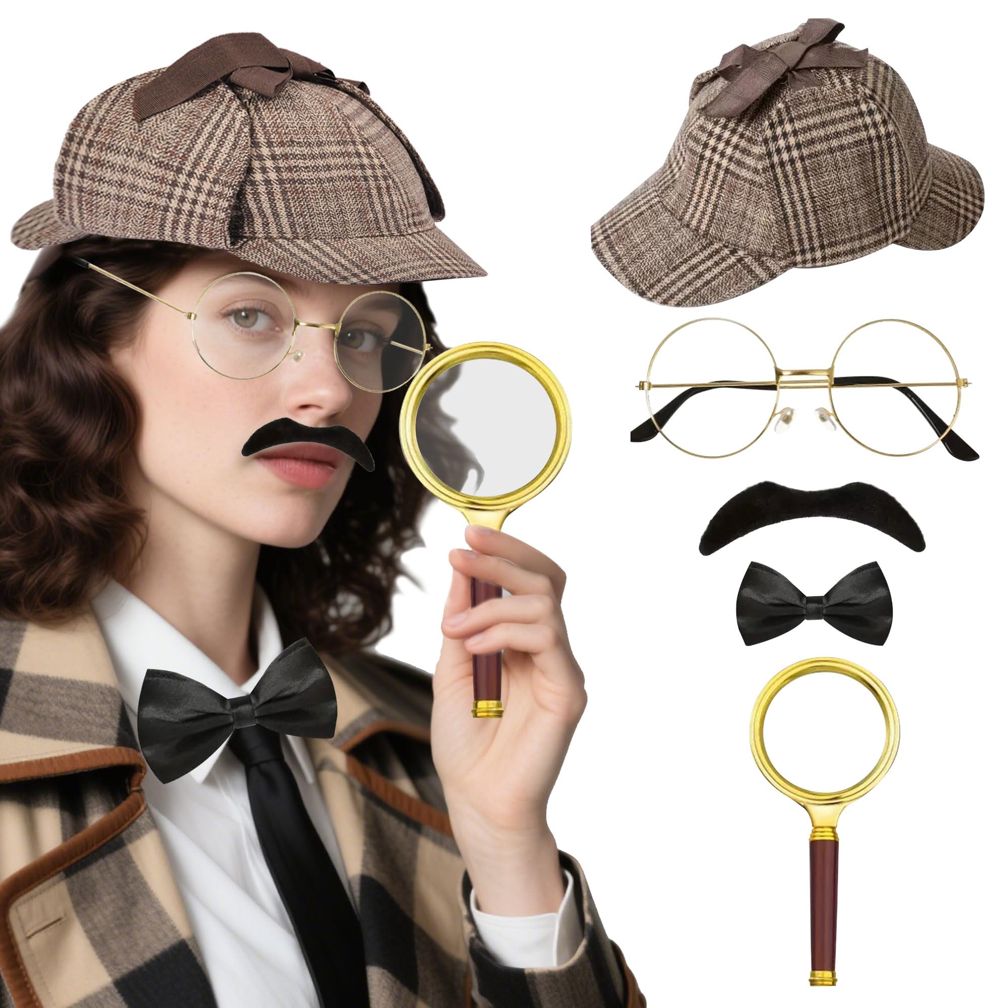 BACH AND BOUJEE Detective Costume Accessories for Adults Men Women Detective Outfit Props Brown Detective Hat Glass Fake Mustache for Dress Up Party