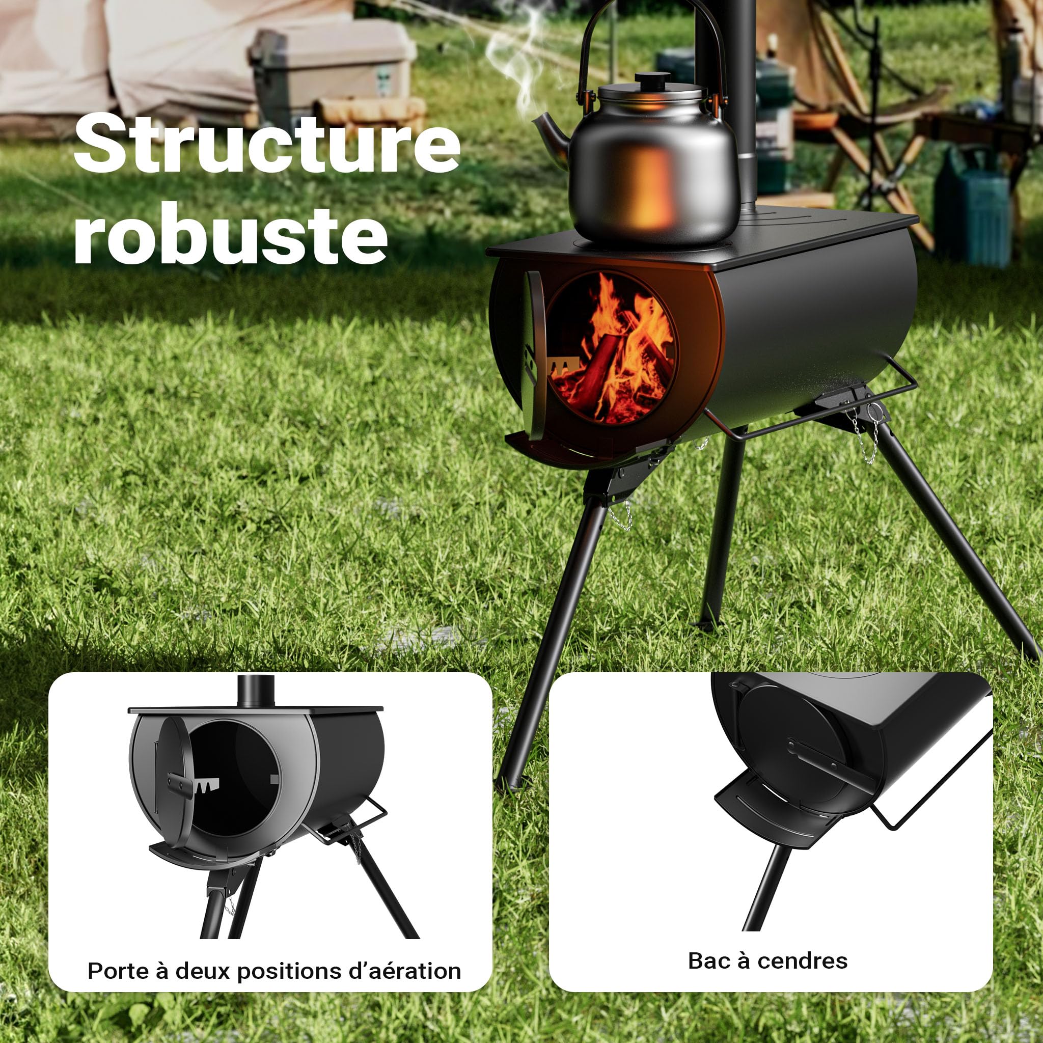 Wiltec Poêle pour tente de camping – 540 x 810 x 2387 mm – Acier doux – Poêle à bois portable et démontable pour randonnée, déplacement, aventures, chauffage