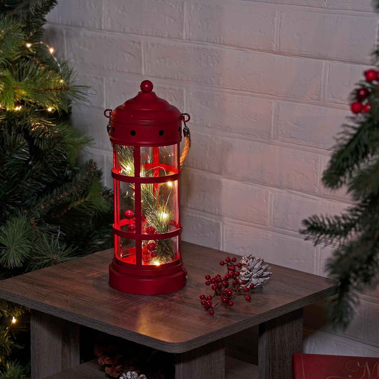 Alpine Corporation 13" Tall Metal and Glass Christmas Lantern with 8 Warm White LED Lights, Built-in Timer, Indoor Holiday Decoration for Tabletop or Hanging Display, Red