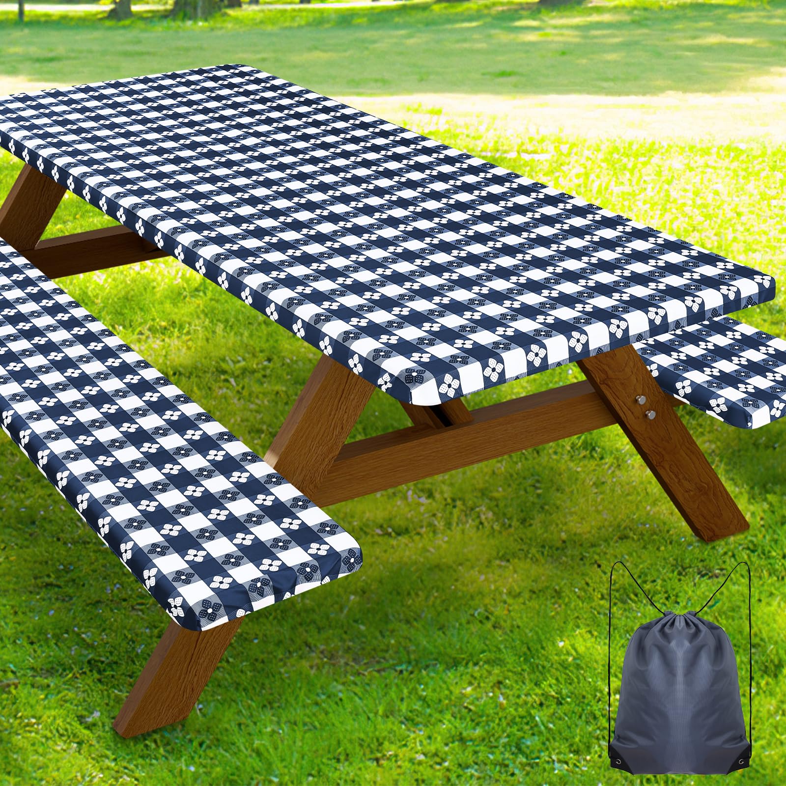 Smiry Picnic Table Cover with Bench Covers, Waterproof Elastic Fitted Tablecloth for 5 Foot Tables, Washable Polyester Tablecloths for Camping &amp; Indoor (Dark Blue &amp; White, 30x96 Inch 3-pc Set)