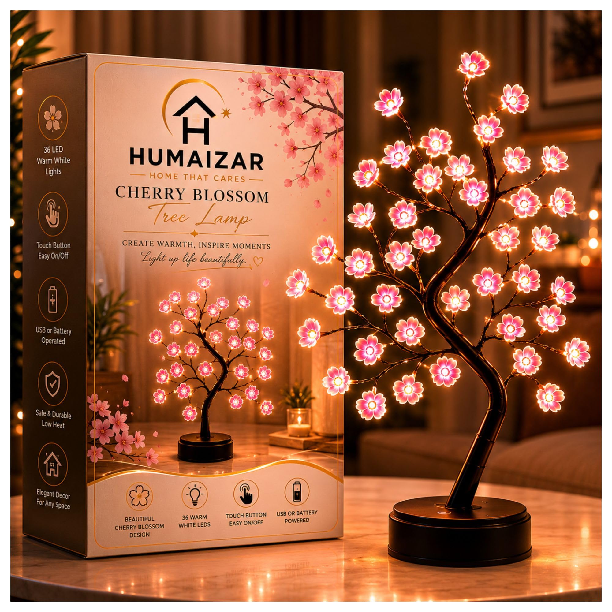 HUMAIZAR Bonsai 18 Inch Tabletop LED Cherry Blossoms Bonsai Tree Lamp, Battery/USB Plug Operated, Decorative 36 LED Fairy Artificial Flowers, Lighted Tree for Gift Bedroom Home-image-25