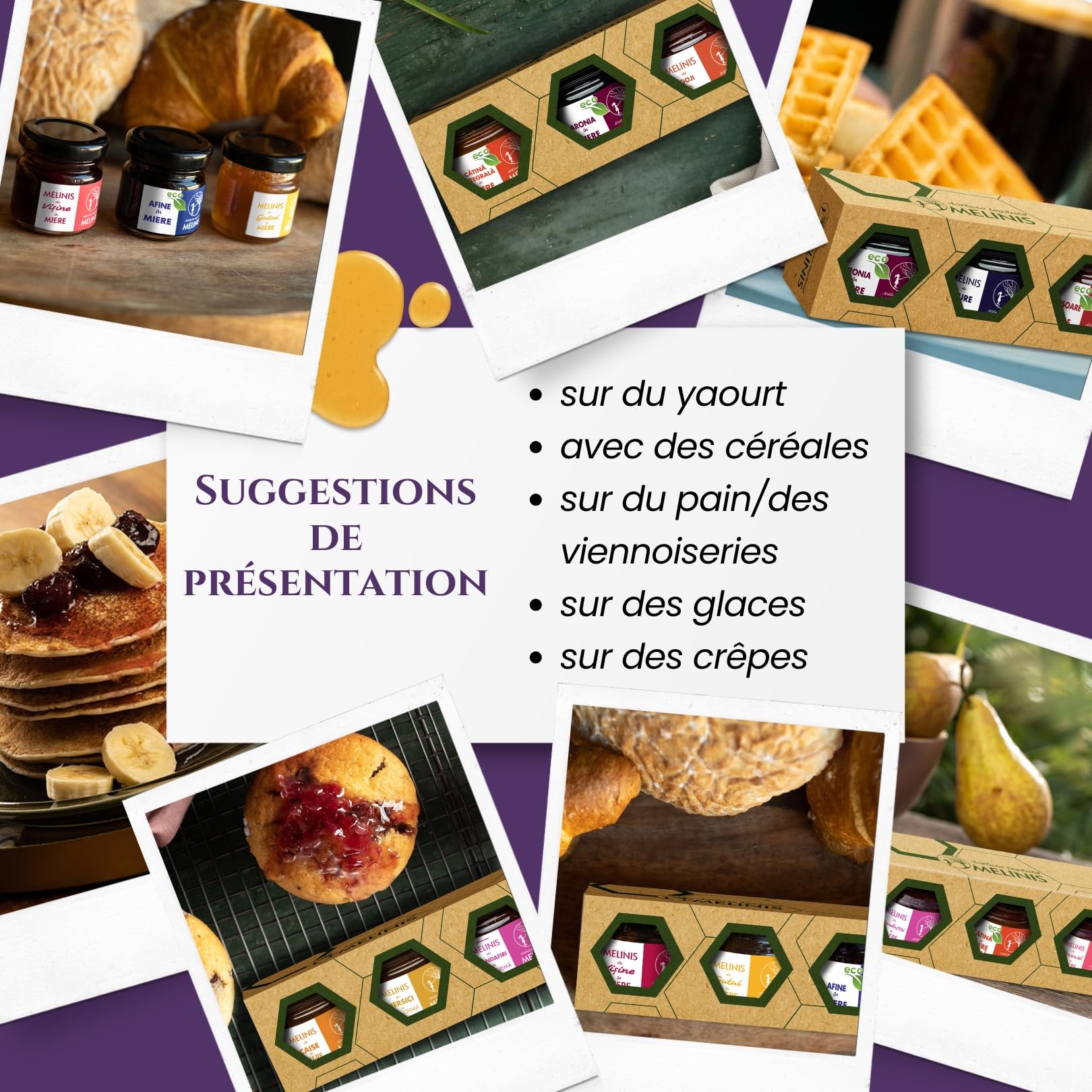 Coffret Dégustation 3 × 40 g – Miel Bio Tartinable aux Myrtilles, Coings Bereczki et Griottes – Sans Sucre Ajouté – Tartinables Naturels pour Petit-Déjeuner, Snacks et Cadeau Gourmet – Melinis