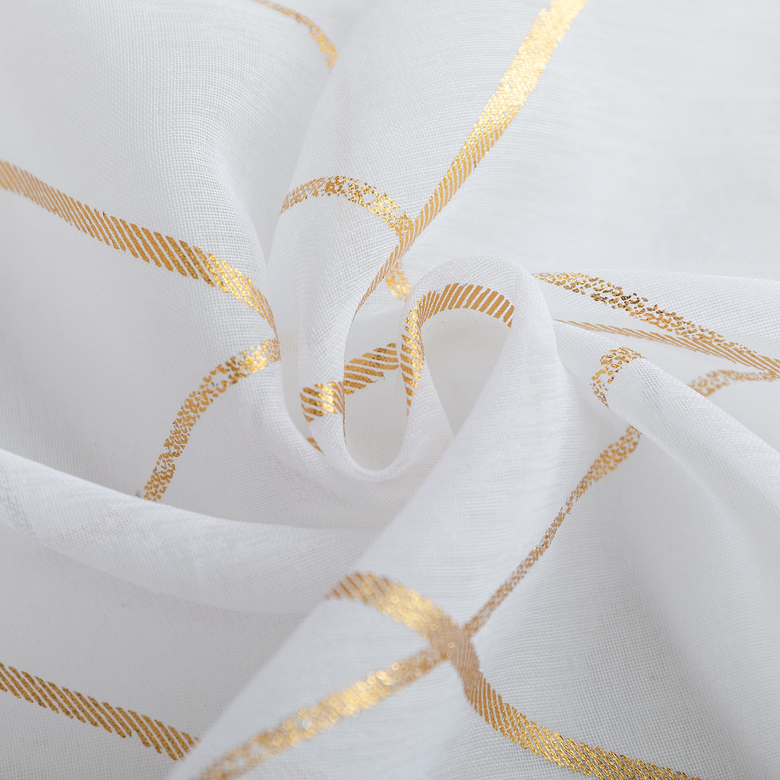 GIRASOLE HOME® Paire de rideaux en voile filtrant à motif géométrique doré, tenture blanche pour intérieur avec œillets, 2 panneaux (Géométrie or, 140 x 290 cm)