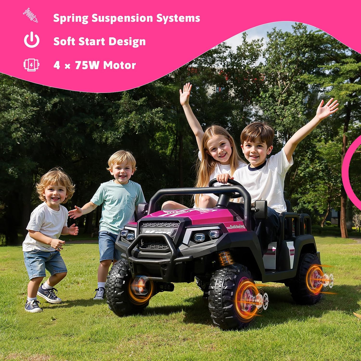 Electric Car for Kids, 24V 4 Seater Ride on Toys w/Parent Remote, 4 Wheeler Suspension, Max 220lbs Weight Capacity, USB, Music, Radio, LED Light, Ride on Truck for Boy/Girl Ages 3-8, Pink