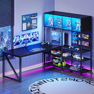 AODK 63" L Shaped Gaming Desk with Display Hutch and Large Desktop, Black | LED Lights, Power Outlets, PC Tower Display Shelf, Pegboard, Storage Shelves, Reversible Layout for Gaming and Home Office
