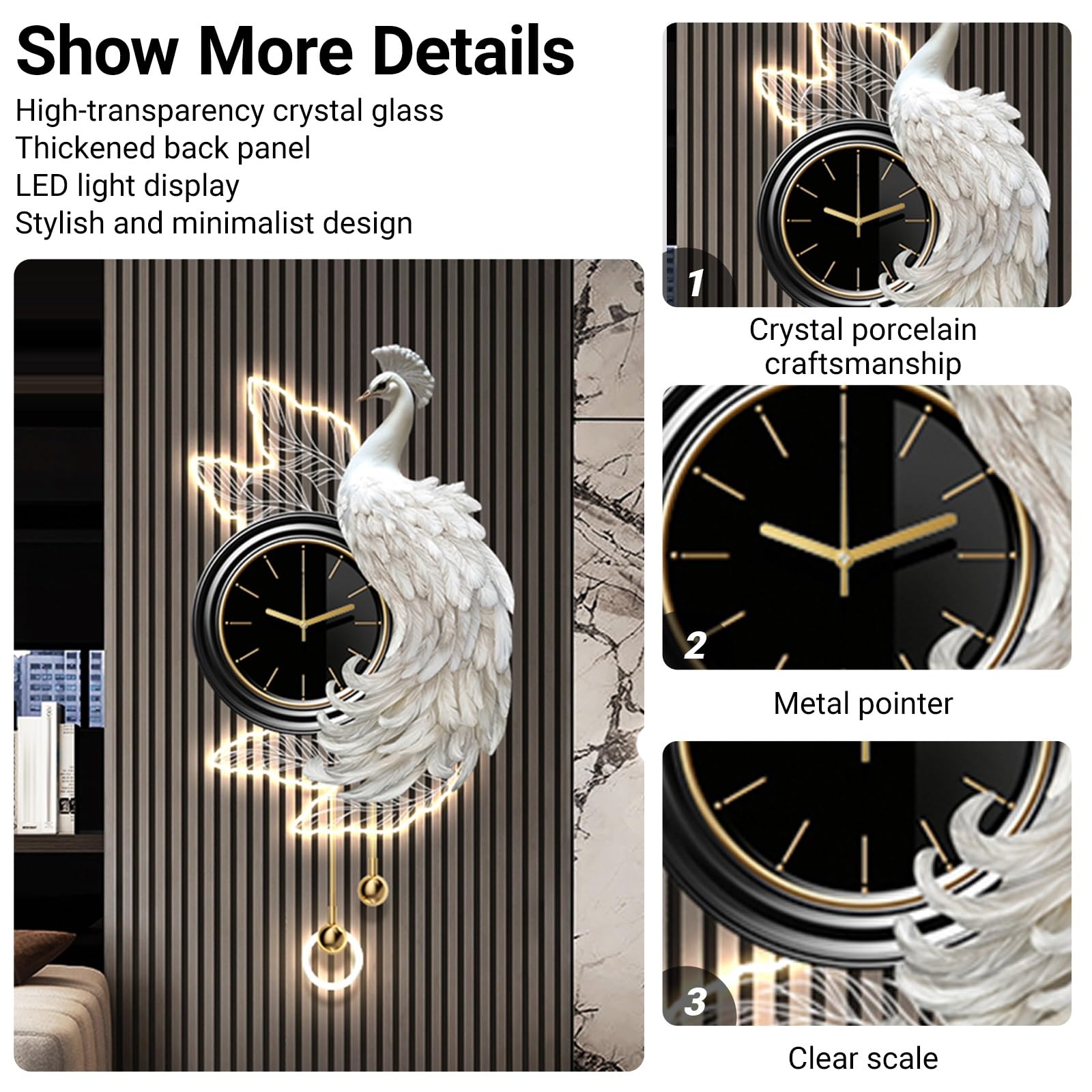 Orologio da parete 3D a forma di pavone con luce LED, orologio decorativo moderno con movimento silenzioso, scultura in porcellana di cristallo per ingresso soggiorno, 50 x 100 cm