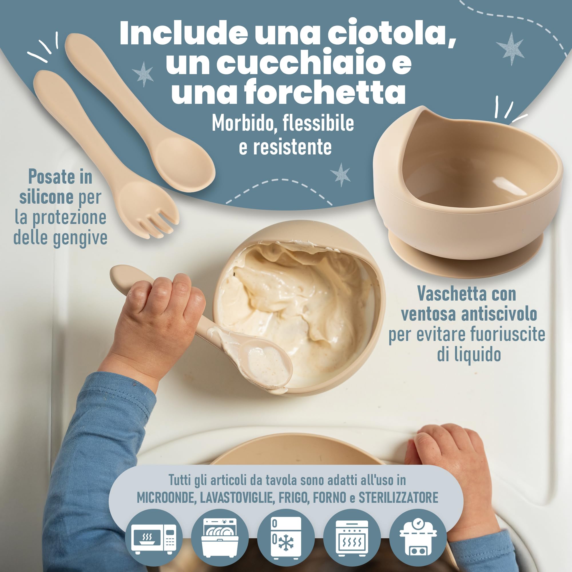 Set Pappa Svezzamento - Set Svezzamento Prima Pappa - Set Svezzamento Neonati - Set Neonato - Cucchiaino Svezzamento con serbatoio dosatore e Ciuccio per Frutta Neonati incluso - Piatto Svezzamento