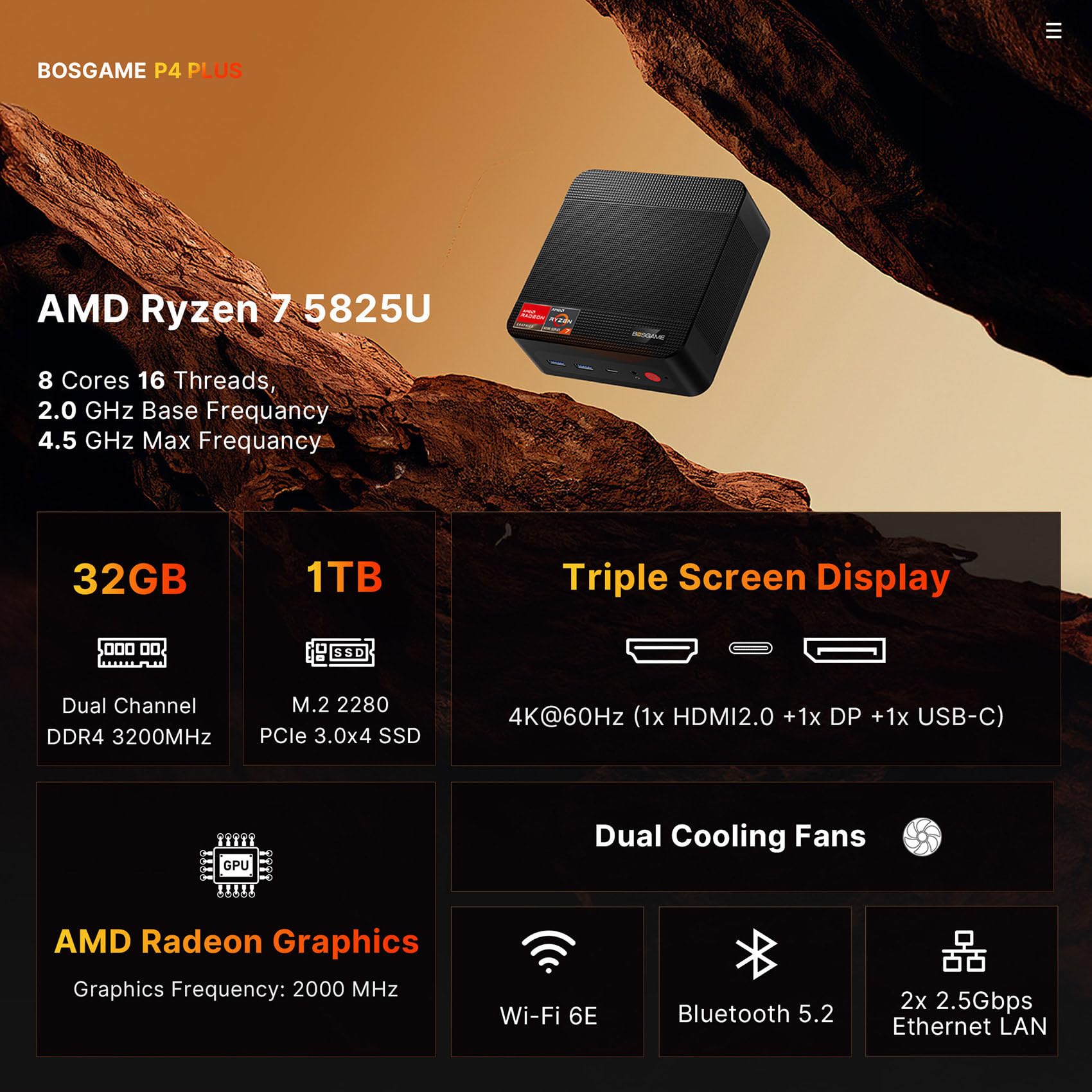 BOSGAME Gaming Mini PC AMD Ryzen 7 5700U, Micro PC 32GB DDR4 RAM