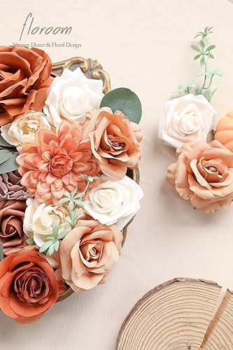 Miniatura 2 de Floroom Flores artificiales de terracota, rosas falsas de color naranja quemado, peonías, dalia, vegetación, caja combinada para bricolaje, ramos de