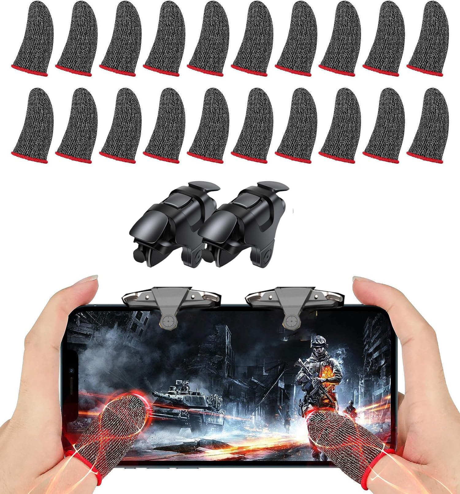 ALMEKAQUZ 20 Pack Finger Sleeve Sets for Gaming Mobile Game Controller Thumb Sleeves with 2 Mobile L1R1 Game Triggers, Anti-Sweat Breathable Touchscreen Sensitive Aim Joysticks Finger Set
