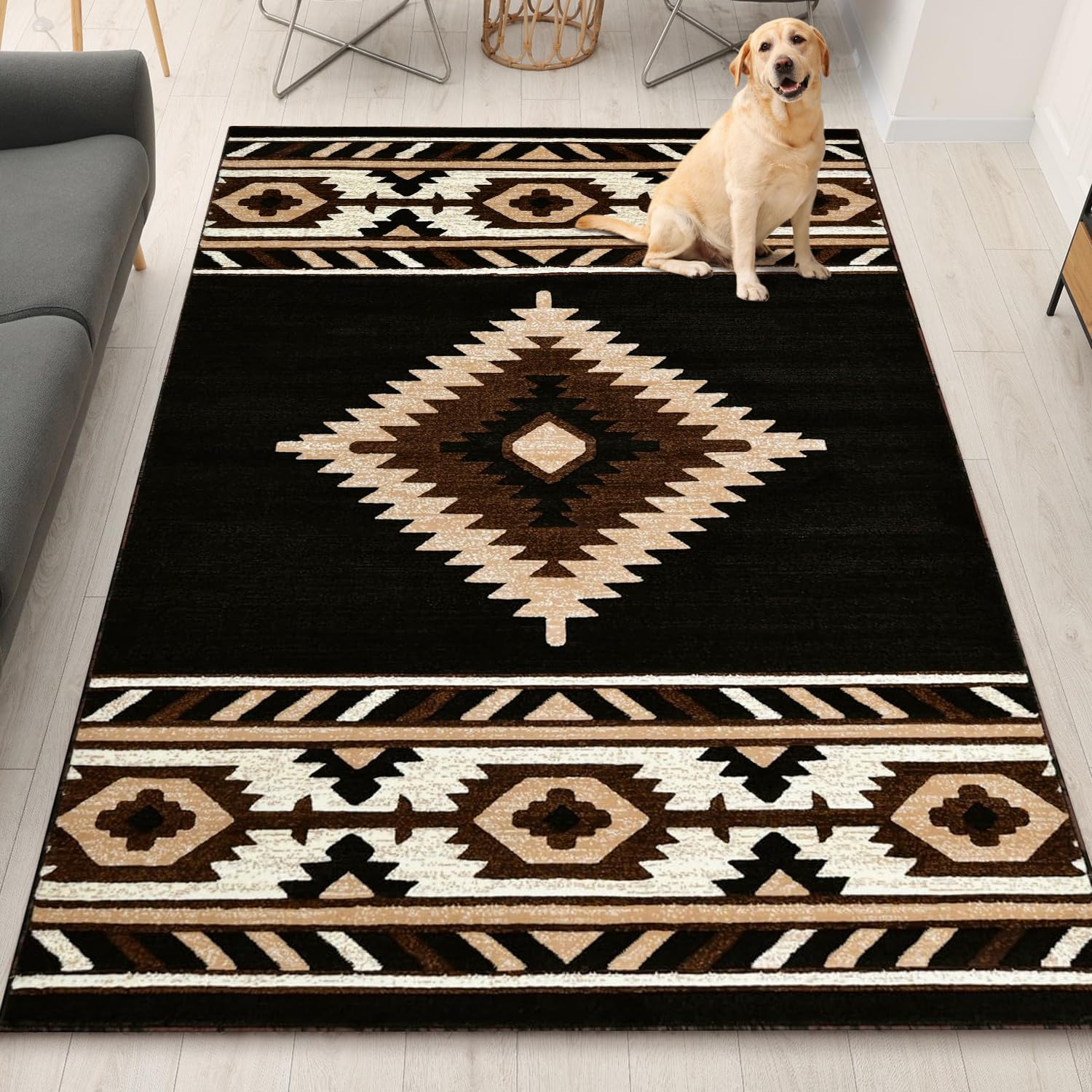 YHSF South West Native American Area Rug - Easy Clean, Thick, Soft, Durable Native Tribal American Indian Inspired Rug for Bedroom/Living Room/Hallways and More - Black, 8 Feet x 10 Feet