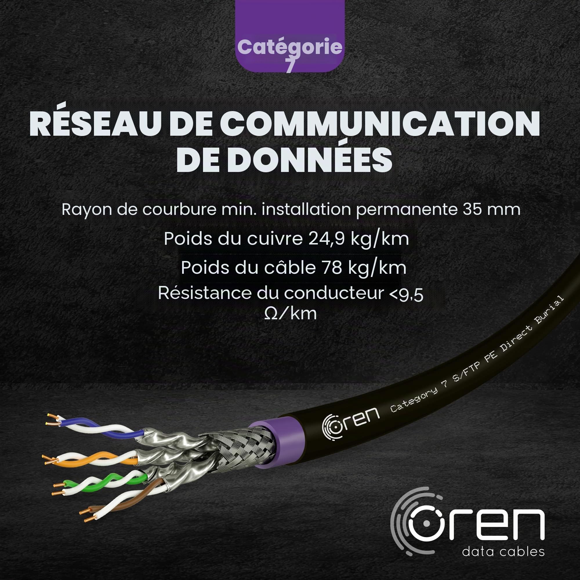 Oren CAT7 100m Câble Ethernet Extérieur - Enfouissement Direct - Câble en Cuivre Pur 23 AWG - Bande passante 900 MHz - Câble réseau LAN Internet S/FTP, sans halogène, sans corrosion - 10GbE