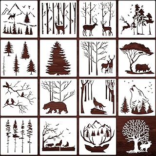 16 Pieces Aspen Trees Flowers Stencil Forest Deer Mountain Animal Stencils Reusable Branches Stencils Plastic Winter Craft Stencil Drawing Supplies for DIY Craft Home(Fresh Style,5.9 x 5.9 Inches)