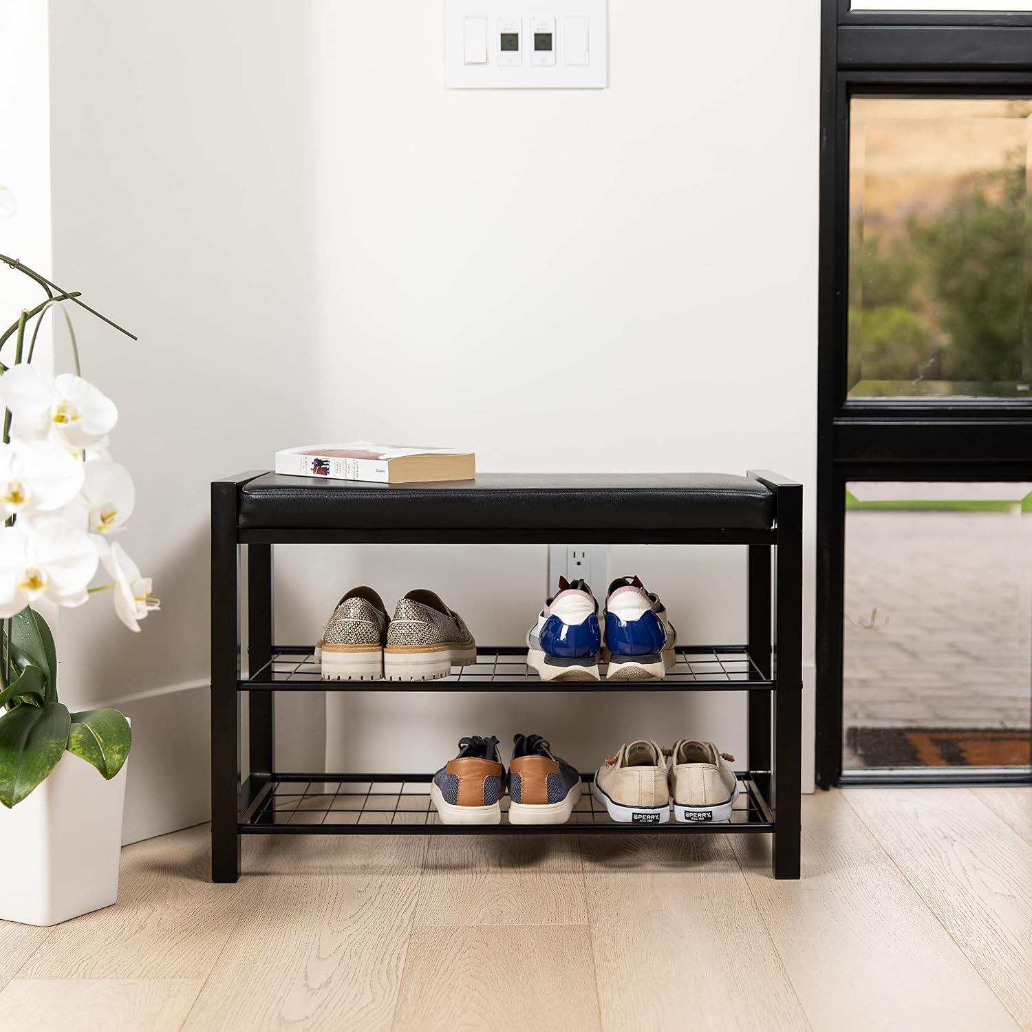 Danya B. Leatherette Entryway Bench with Two Metal Shoe Racks (Black/Black)