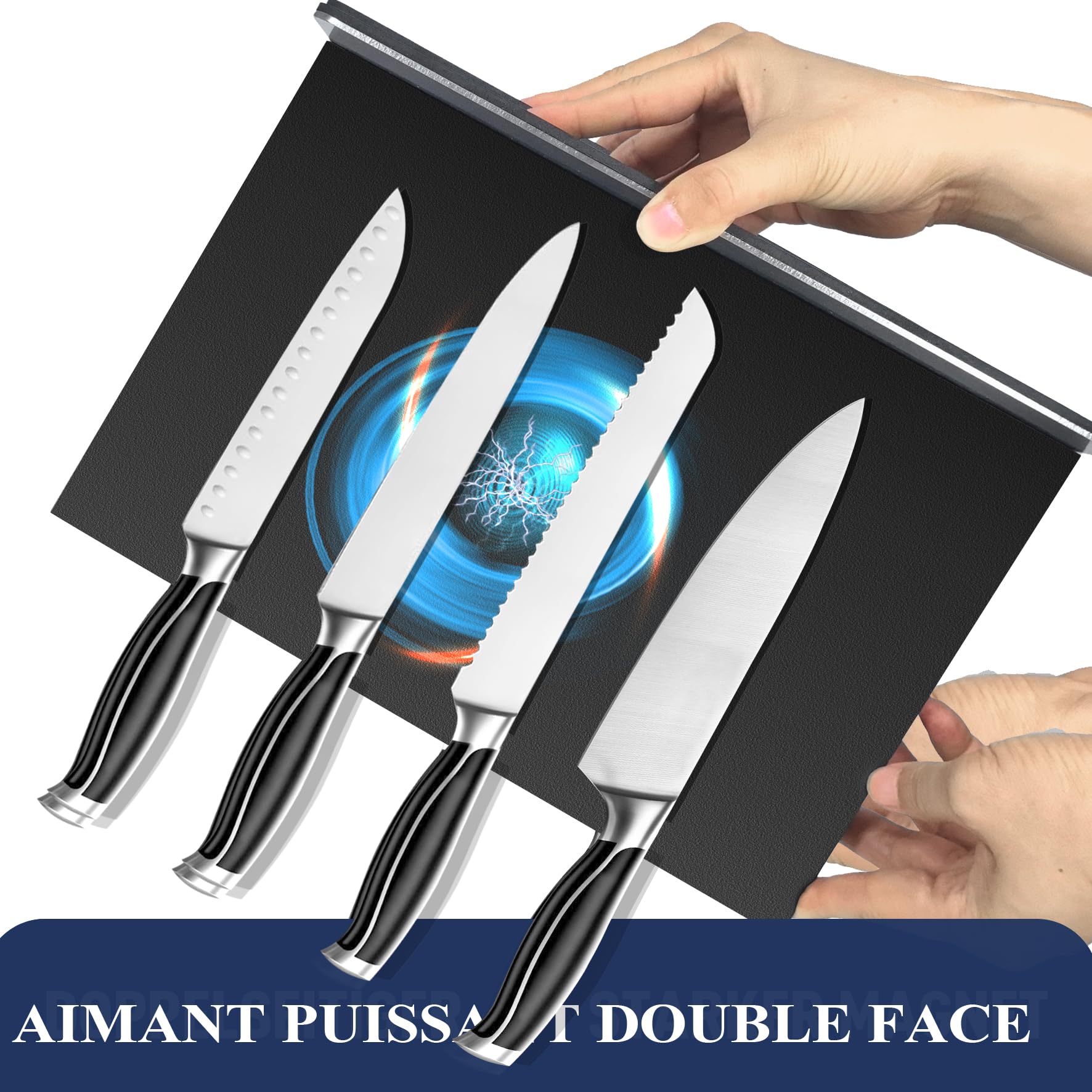 Bloc à couteaux magnétique sans couteau, 30 cm, noir, porte-couteaux magnétique en acier inoxydable 304, support magnétique puissant des deux côtés, pour une cuisine bien rangée
