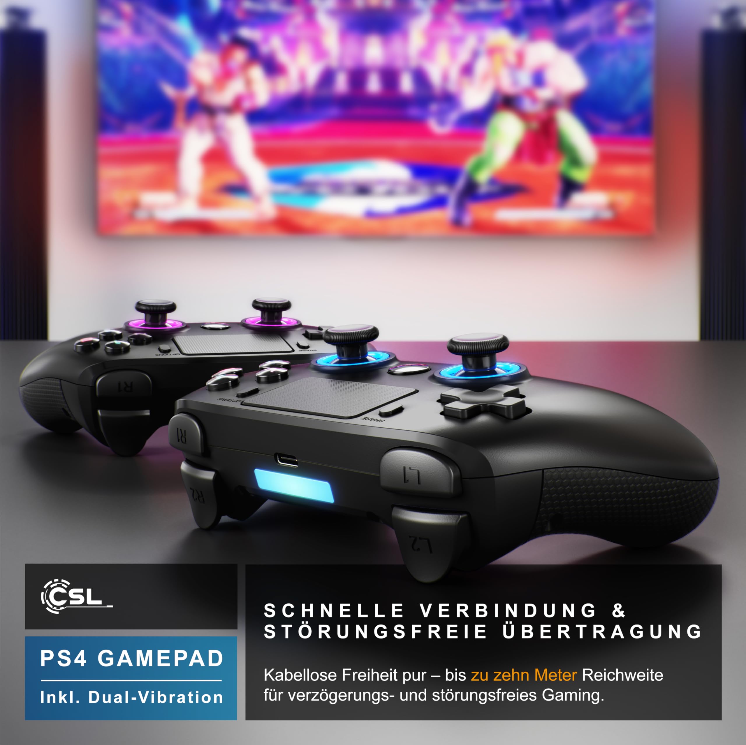 CSL - Wireless Gamepad für PC und PS4 - PC Anschluss - Wireless Controller - Dual Vibration - Headset Ausgang - Turbo Funktion - Touchpad - Share-Taste - M-Taste für freie Belegung