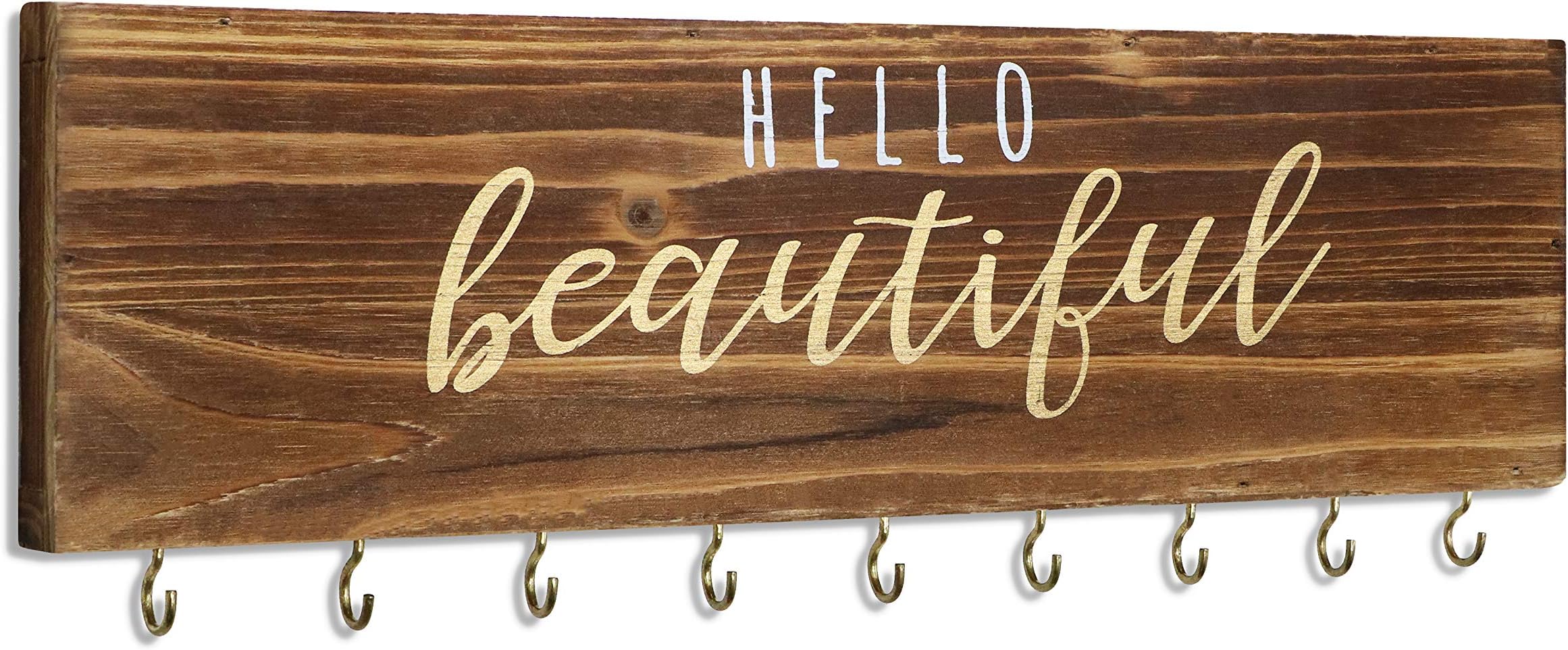 SANY DAYO HOME Rustic Wall Mount Necklace Holder Organizer with 9 Jewelry Hooks for Ring, Hair Bow, Headband, Purse - Wall Decor for Girls Room - Hello Beautiful