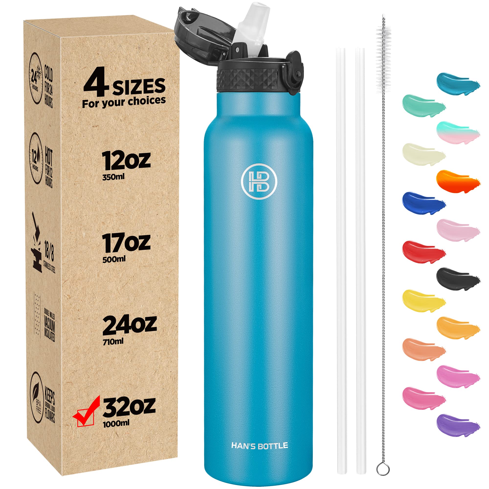 Han's Bottle Sports Water Bottle - 32 Oz, Straw Lid, Leak Proof, Vacuum Insulated Stainless Steel, Double Walled, Thermo Mug,Ocean