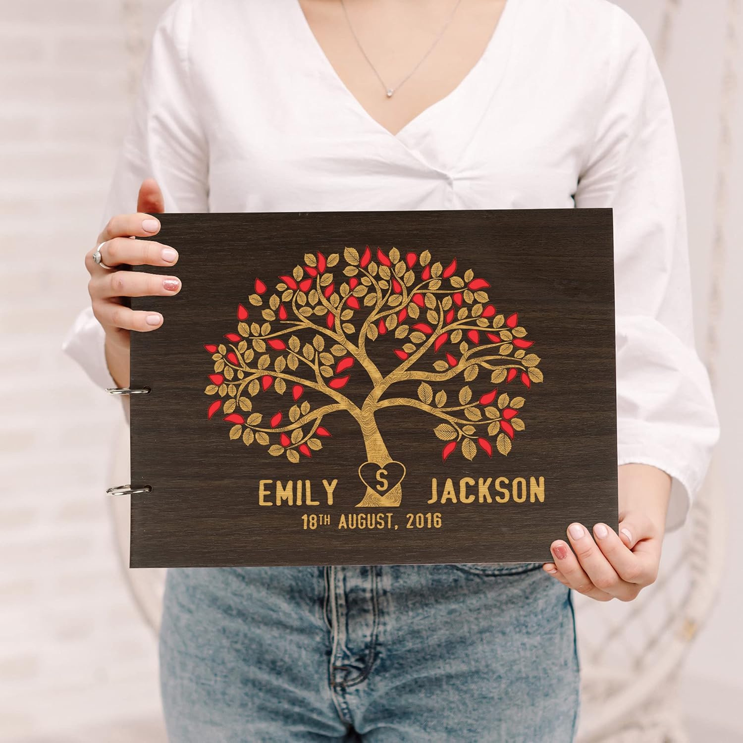 Darling Souvenir Personalized Engraved Laser Cut Wedding Guest Book Wooden Cover Sign-in Book Registry Guestbook Scrapbook-V0