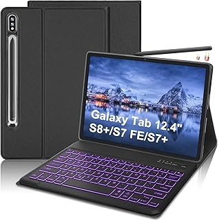 SENGBIRCH Tablet Keyboards for Samsung Galaxy Tab S8 + 2022, Tab S7 FE 5G 2021, Tab S7 + (12.4 Inch) with S-Pen Holder, Backlit Detachable Keyboard for Galaxy Tab S7 FE (SM-X800/X806), Black