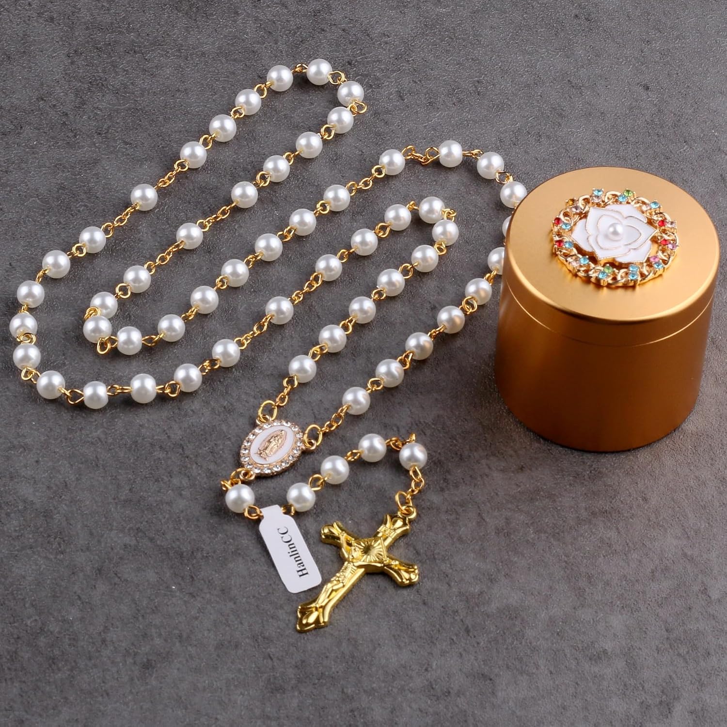 HanlinCC Glass Pearl Beads Our Lady of Guadalupe Catholic Rosary Neckalce with Titanium Steel Rose Flower Diamond Gift Box - Image 8