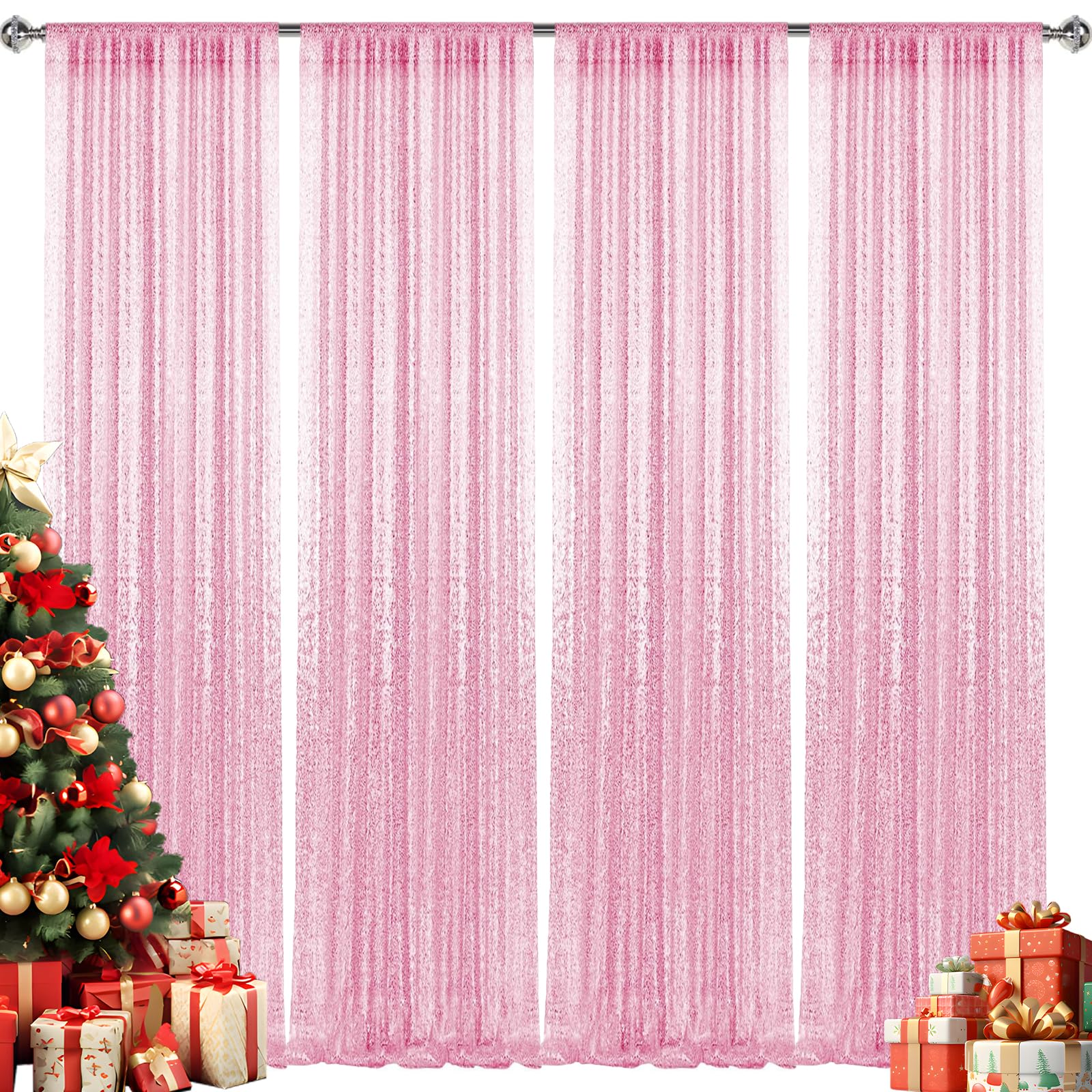 2×8FT-4PCS Pink Sequin Backdrop Curtains Panels, Photography Backdrop Glitter Curtains Fabric Background for Christmas Wedding Party Decor