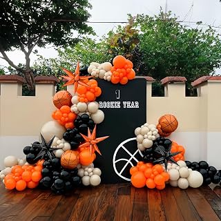Basketball Balloon Garland Arch Kit, 115pcs Orange Gray Black Sand White with mylar Foil Star 4D Basketball Balloons for 1st Birthday Party Baby Shower Sports Halloween Theme Supplies Decorations