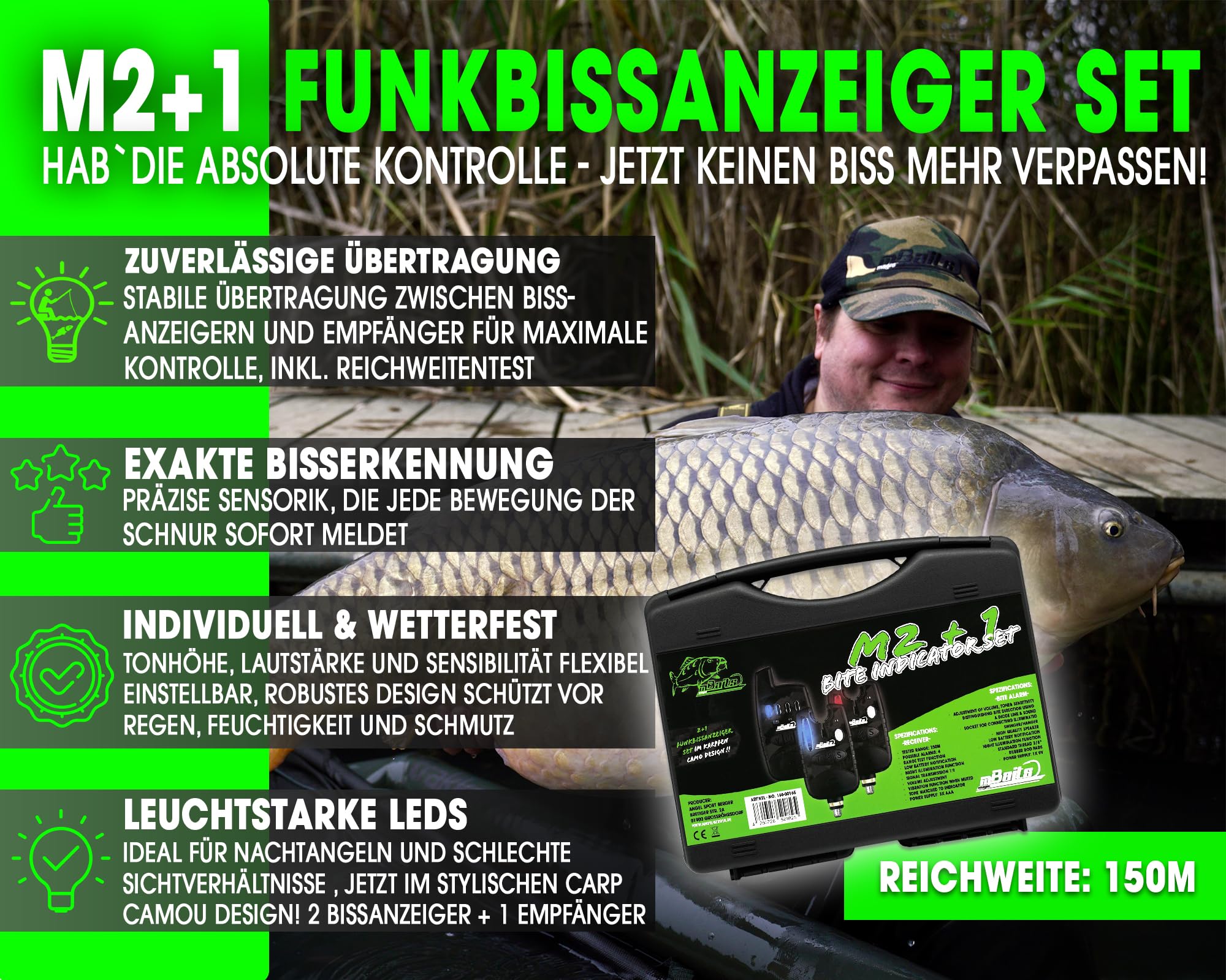 Angel-Berger Magic Baits M2+1 Set de détecteurs de touche sans fil avec mallette pour la pêche à la carpe