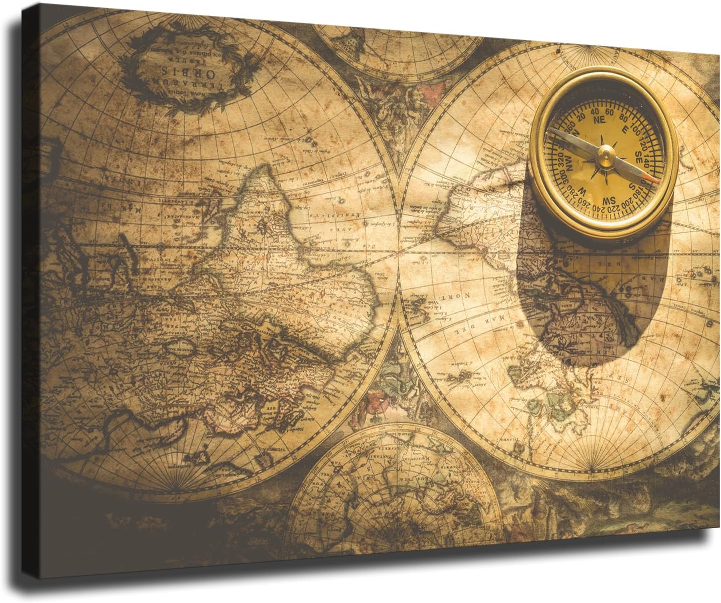LHJSCC Old World Map Compass Vintage Poster Canvas Picture