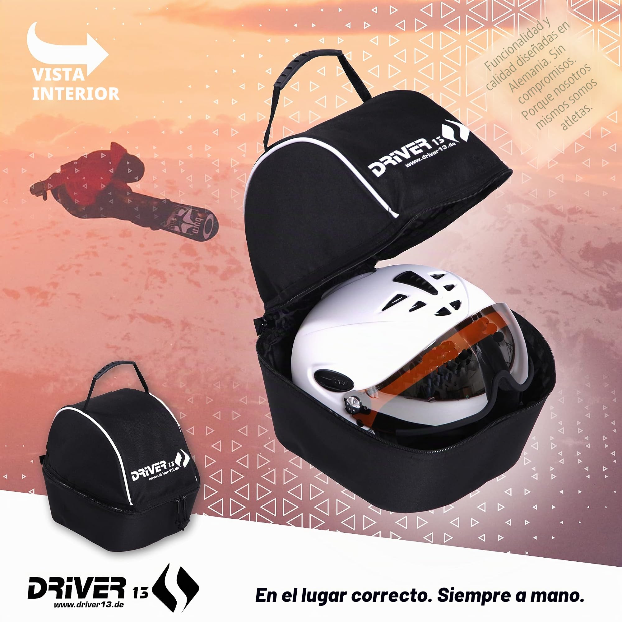 Driver13 Bolsa para Casco para Casco de esquí, Snowboard, Bicicleta y equitación, Helmet Bag con ventilación y Compartimento para Accesorios, Negro