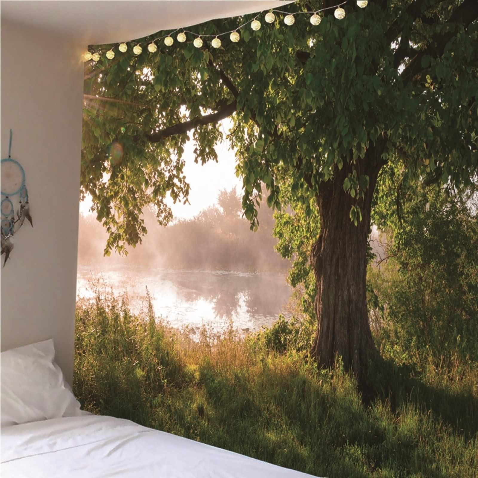 Tapestry Weaving - Arazzo da parete naturale, paesaggio, lago, albero e lago, in microfibra, 200 x 200 cm (larghezza x altezza)