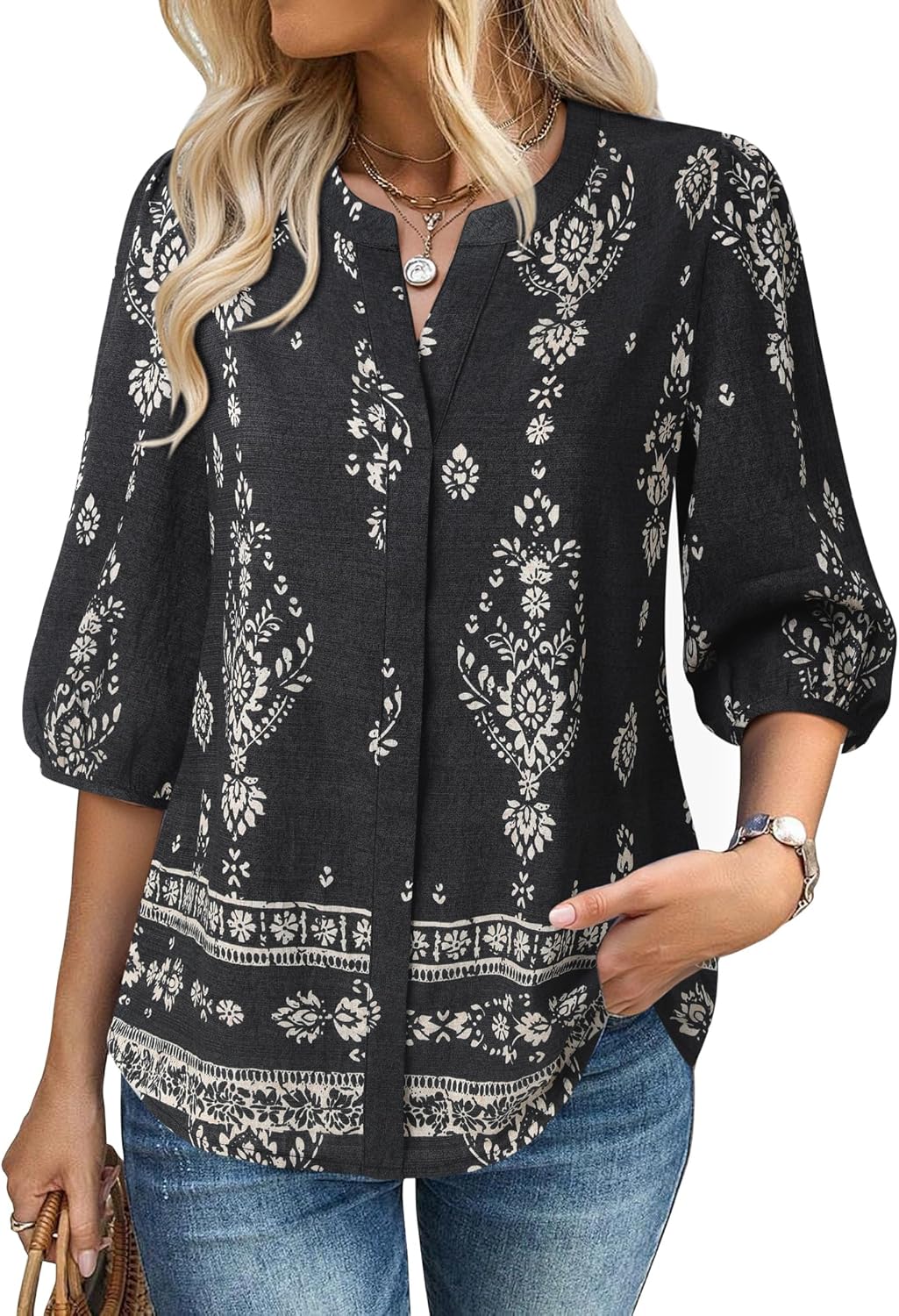Gaharu Womens Summer Tops 3/4 Puff Sleeve V-Neck Dressy Casual Blouses Boho Floral Shirts - Image 4