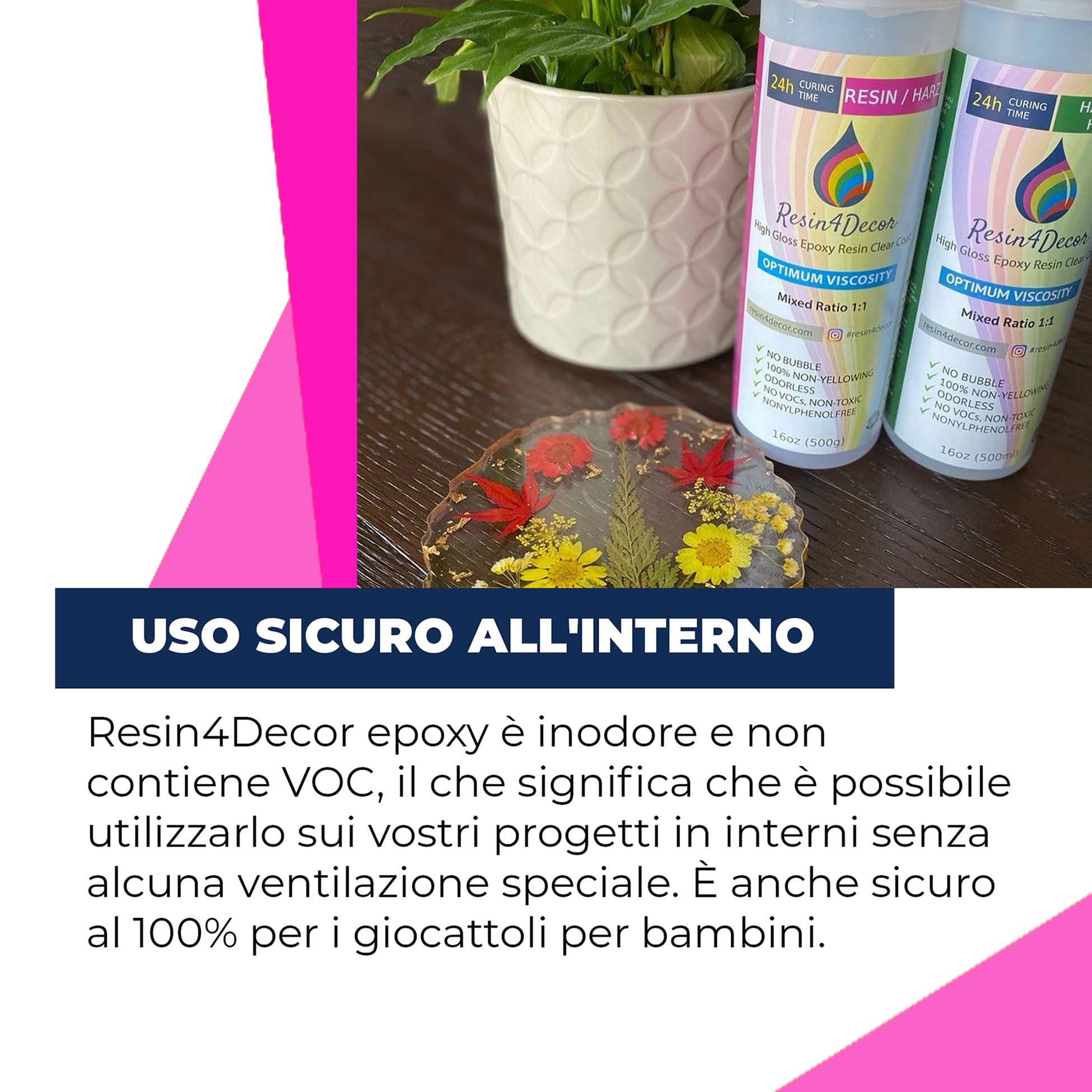 Resina Epossidica Trasparente Kit RESIN4DECOR 1:1 per Artigianato Artistico Creazione di Gioielli Stampi Non Ingiallente Non Tossico Finitura 24 ore Tempo di Cura Inodore Art Resin - 2000ml