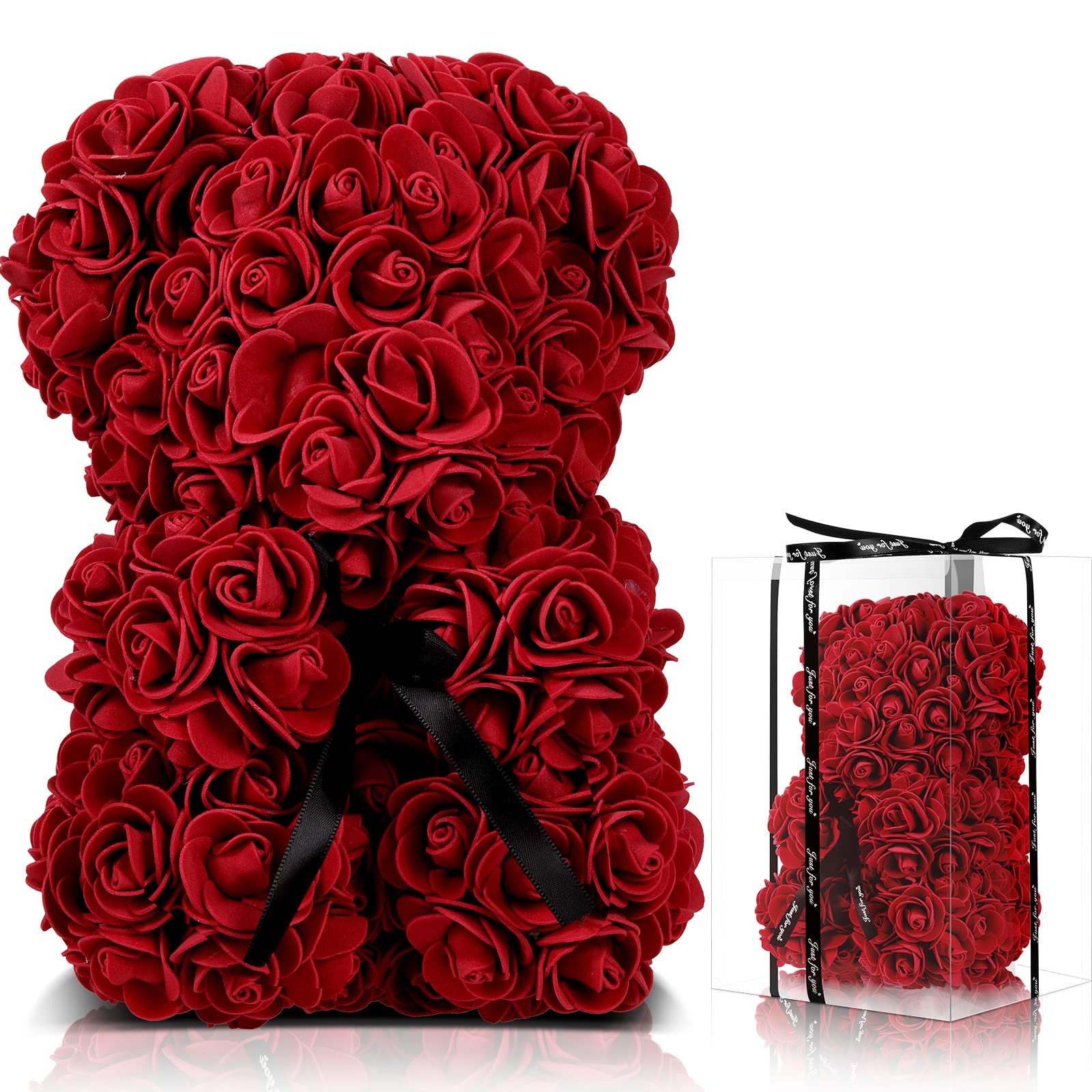 Amazon Com 10 英吋玫瑰花泰迪熊花朵人造手工永恆玫瑰熊情人節週年紀念派對婚禮母親節附透明盒 勃艮第 居家與廚房