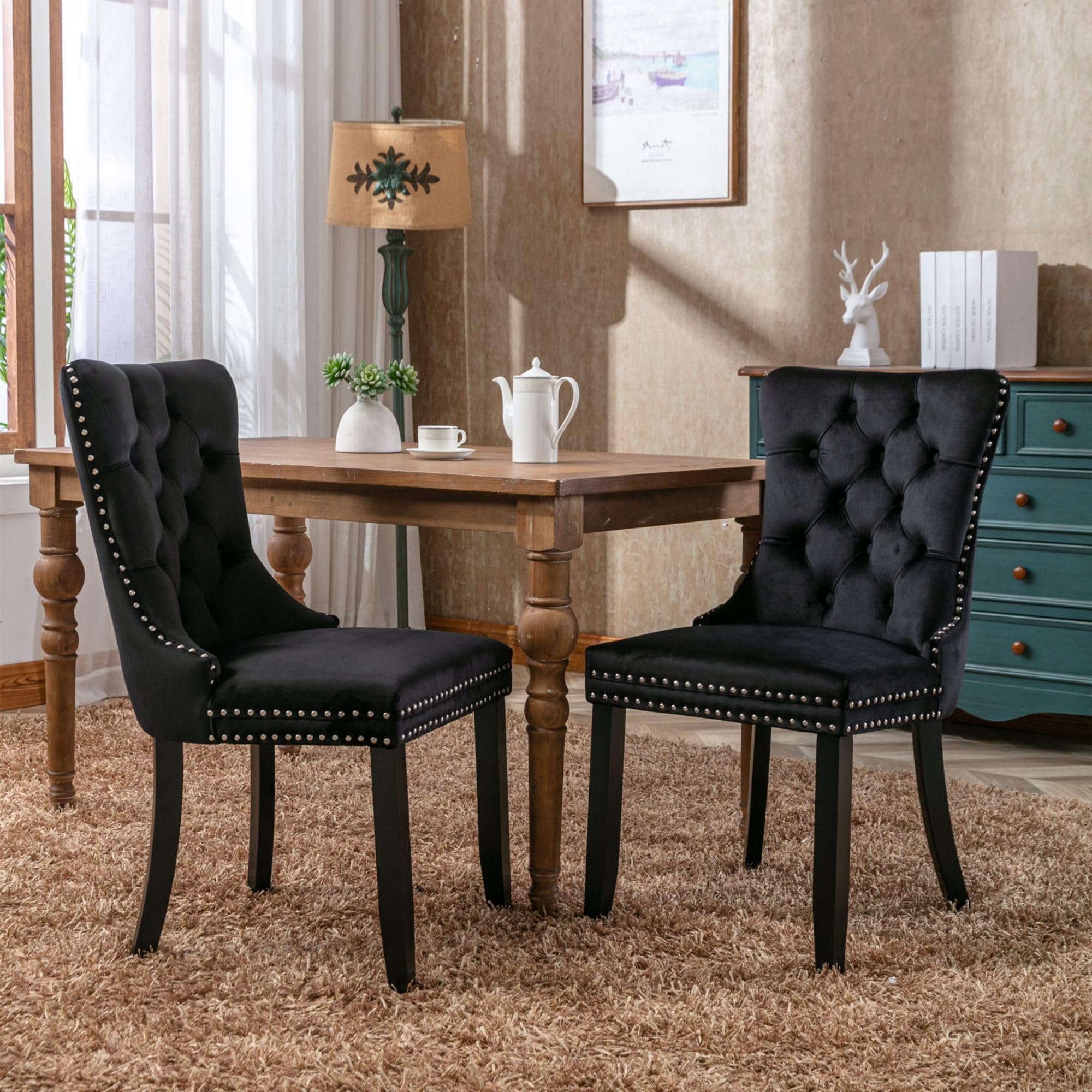 BTM Dining Chair Set of 2, Black Dining Chairs, Velvet Upholstered Dining Chair with Oak Legs, Fabric Kitchen Chairs with Riveted Trim and Knocker Ring