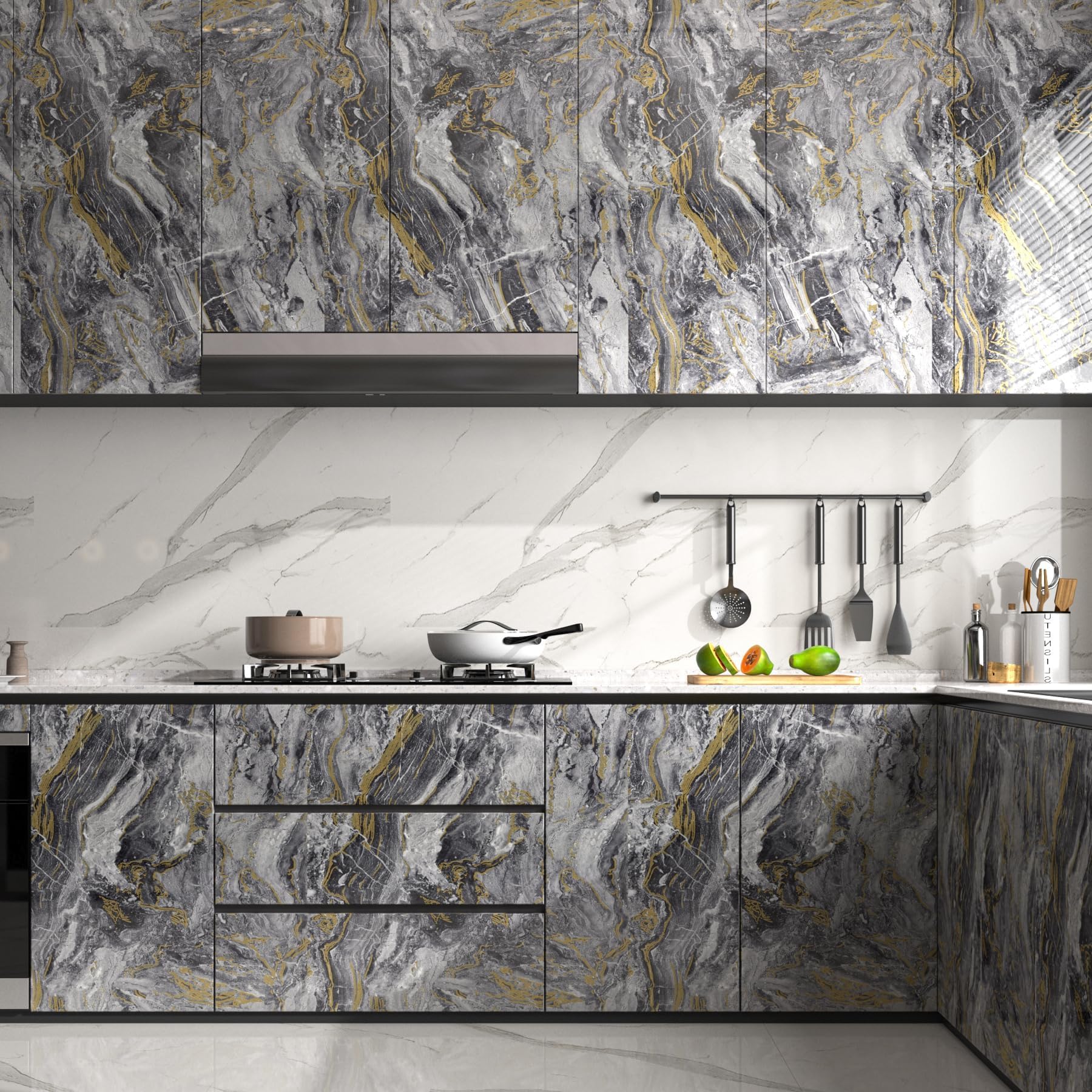 Decotalk Vinilo Adhesivo Muebles Cocina Efecto Mármol Gris y Dorado 81X500cm Papel Adhesivo Para Muebles Gris Papel Pintado Adhesive Forrar Rollo Autoadhesivo Impermeable Decorativo Para Armario Mesa
