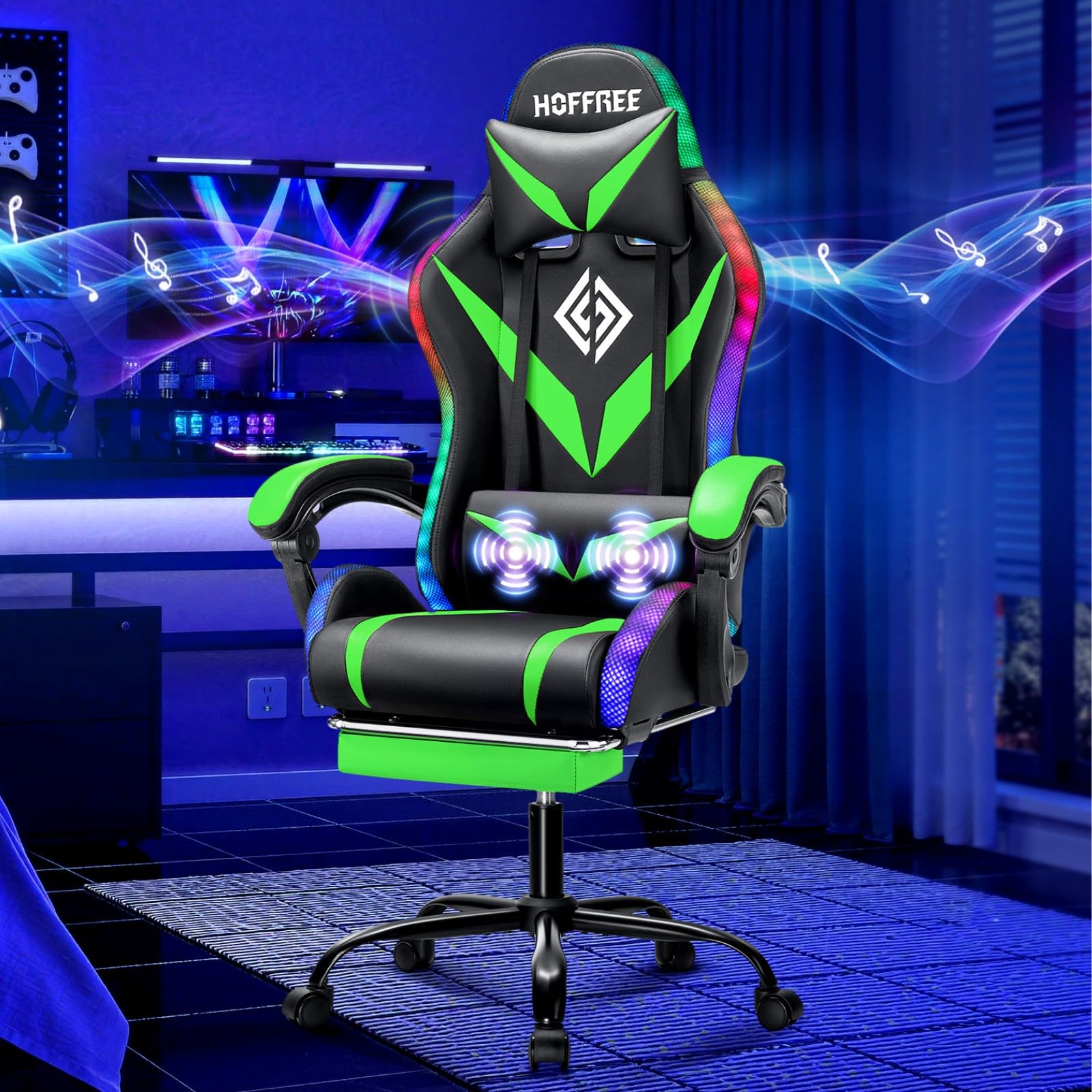 HOFFREE Gaming Chair with Bluetooth Speakers and Led Lights Massage Computer Gamer Chair with Footrest Ergonomic Video Game Chair for Adults Green and