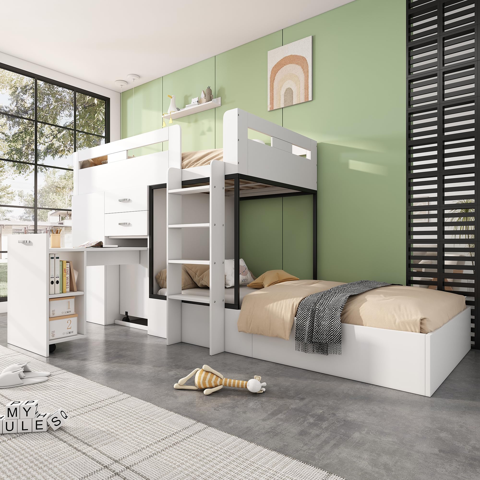 Moimhear Letto a castello con scrivania allungabile e armadio, letto a castello per bambini, con cassetto, ripiani e scale, senza materasso, 90 x 200 cm, bianco